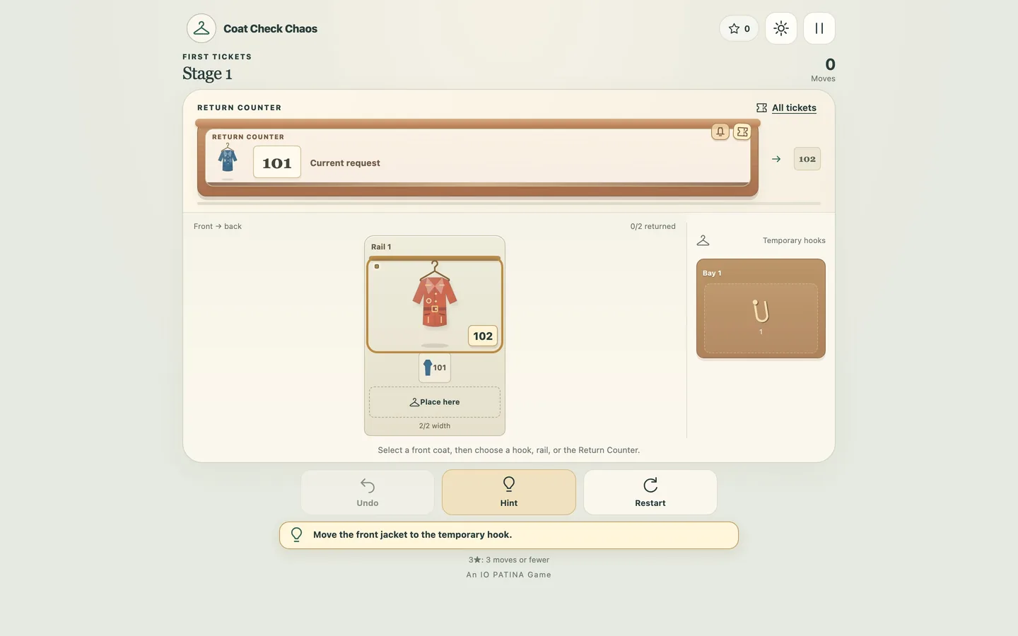 The coat-check counter on a desktop screen, showing the rails, the hook bay and the current ticket