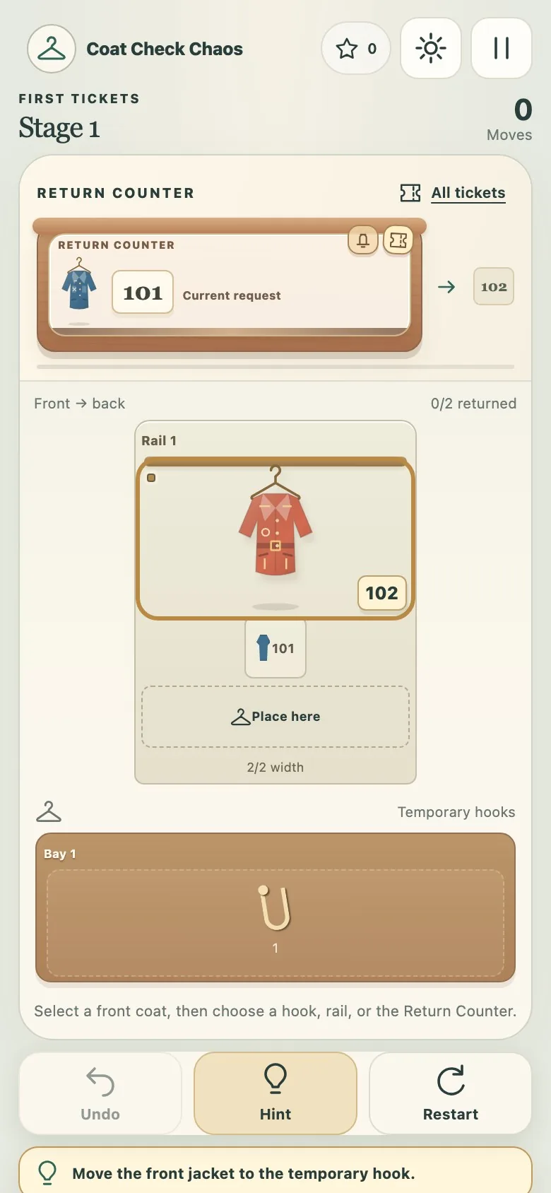 Coat Check Chaos on a phone screen, with the rails and the counter stacked in one column