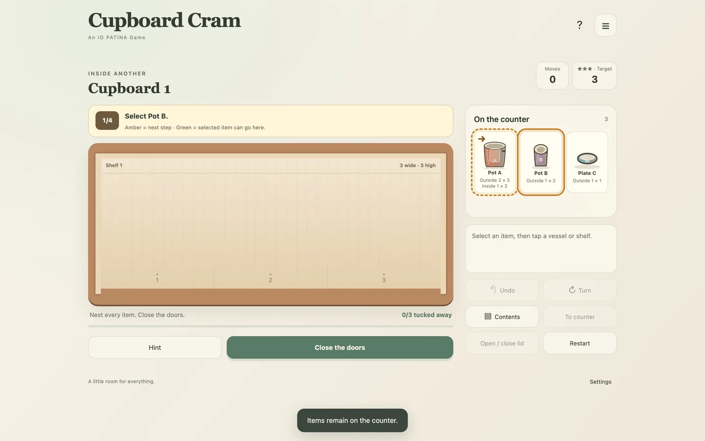 The cupboard board on a desktop screen, showing the shelves, the item cards and the move target