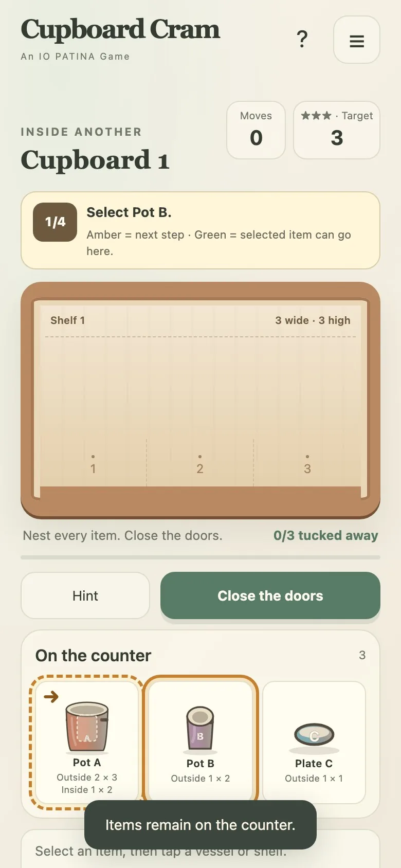 Cupboard Cram on a phone screen, with the shelves and the item cards stacked in one column