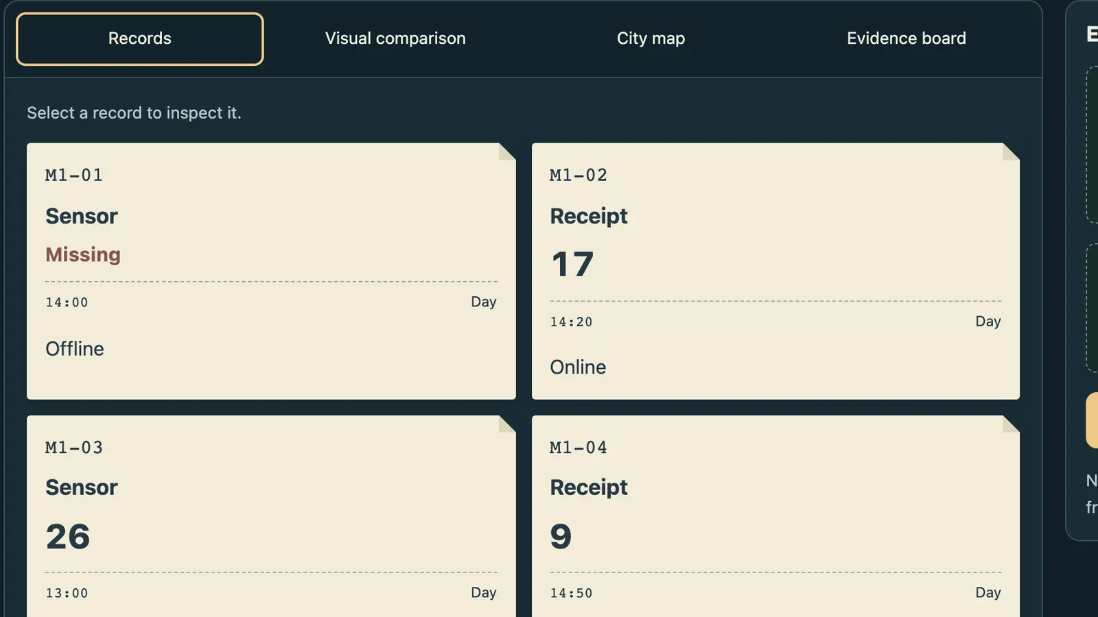 Data Detective: cream sensor and receipt cards form two columns on a dark teal background.