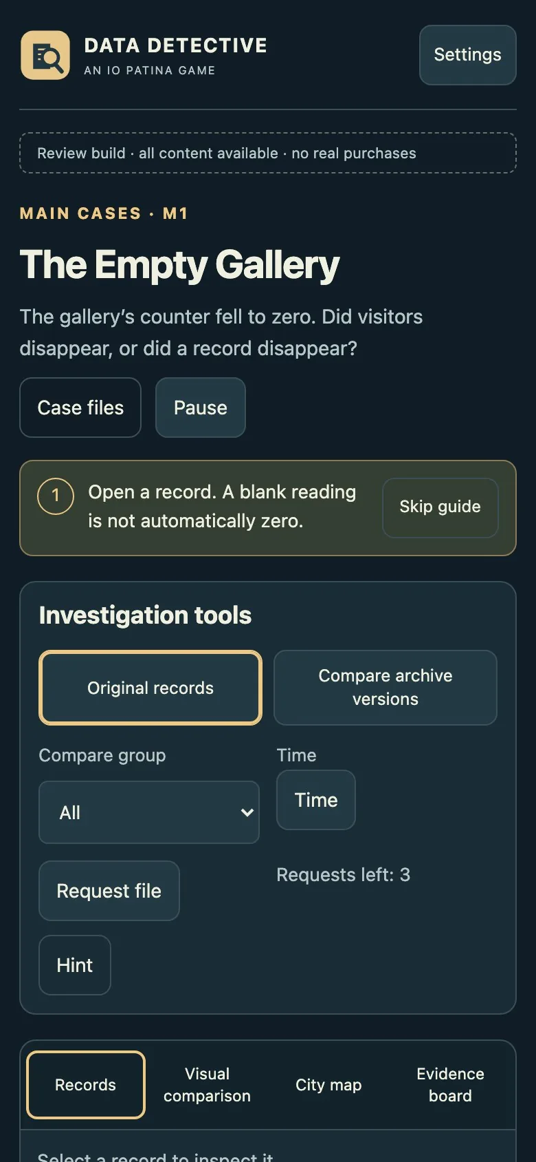 Data Detective on a phone screen, with records and the evidence board stacked in one column