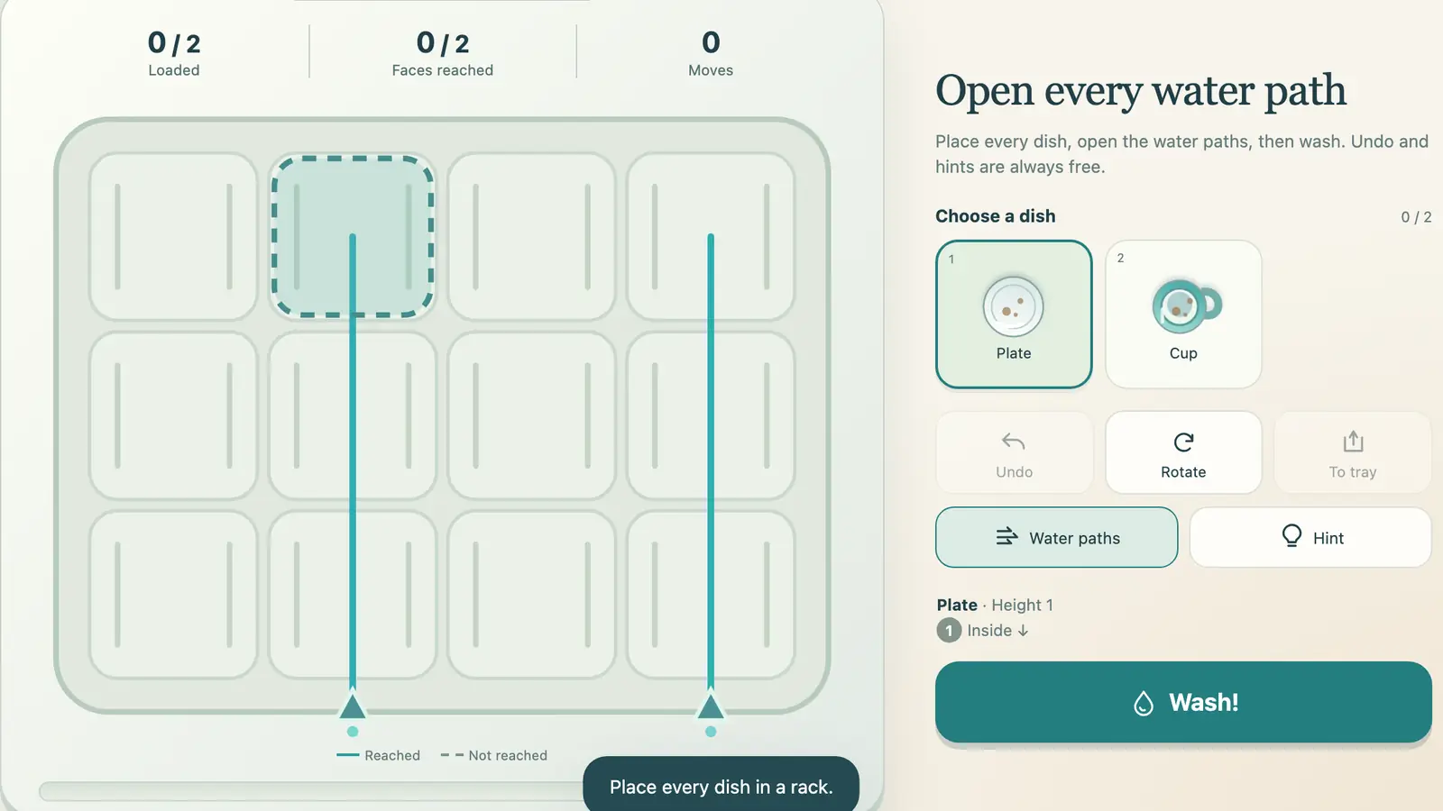 Dishwasher Shuffle: an empty twelve-slot rack has two teal water paths, with plate and cup choices beside it.