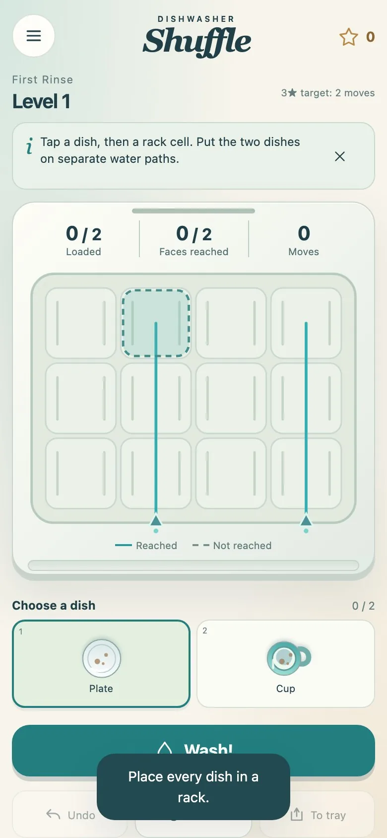 Dishwasher Shuffle on a phone screen, with the rack and the dish tray stacked in one column