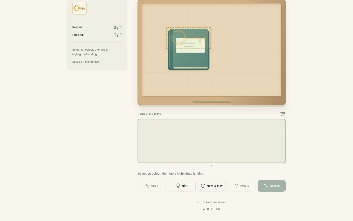 The first-level board on a desktop screen, showing objects packed into a crowded drawer