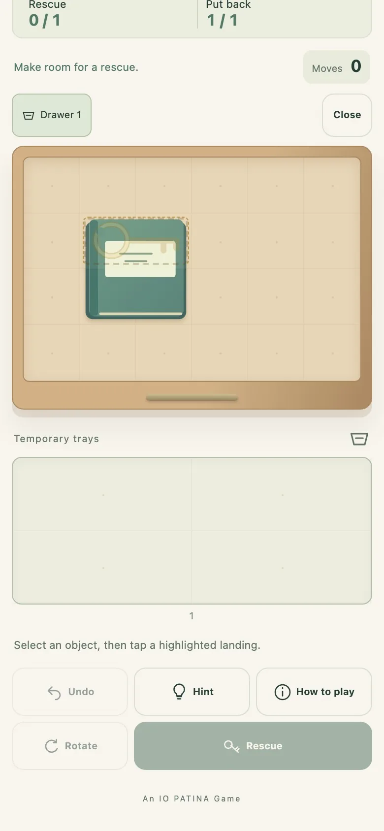 Drawer Rescue on a phone screen, with the board and controls stacked in one column