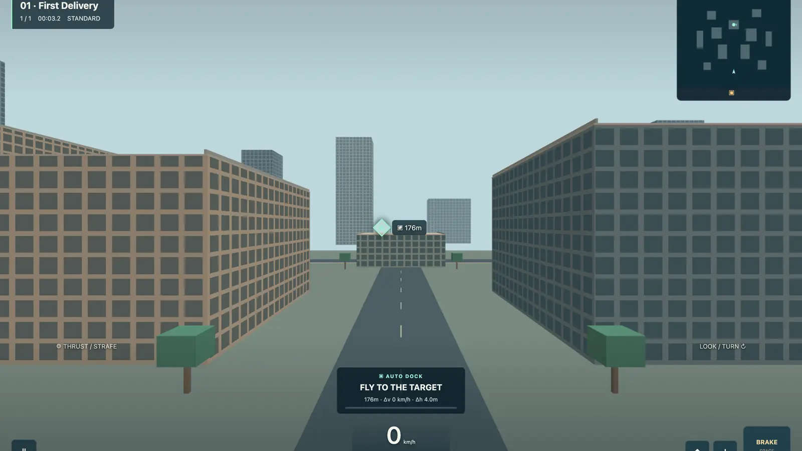 Drone Courier: a straight road runs between blocky city buildings toward a glowing diamond marker.