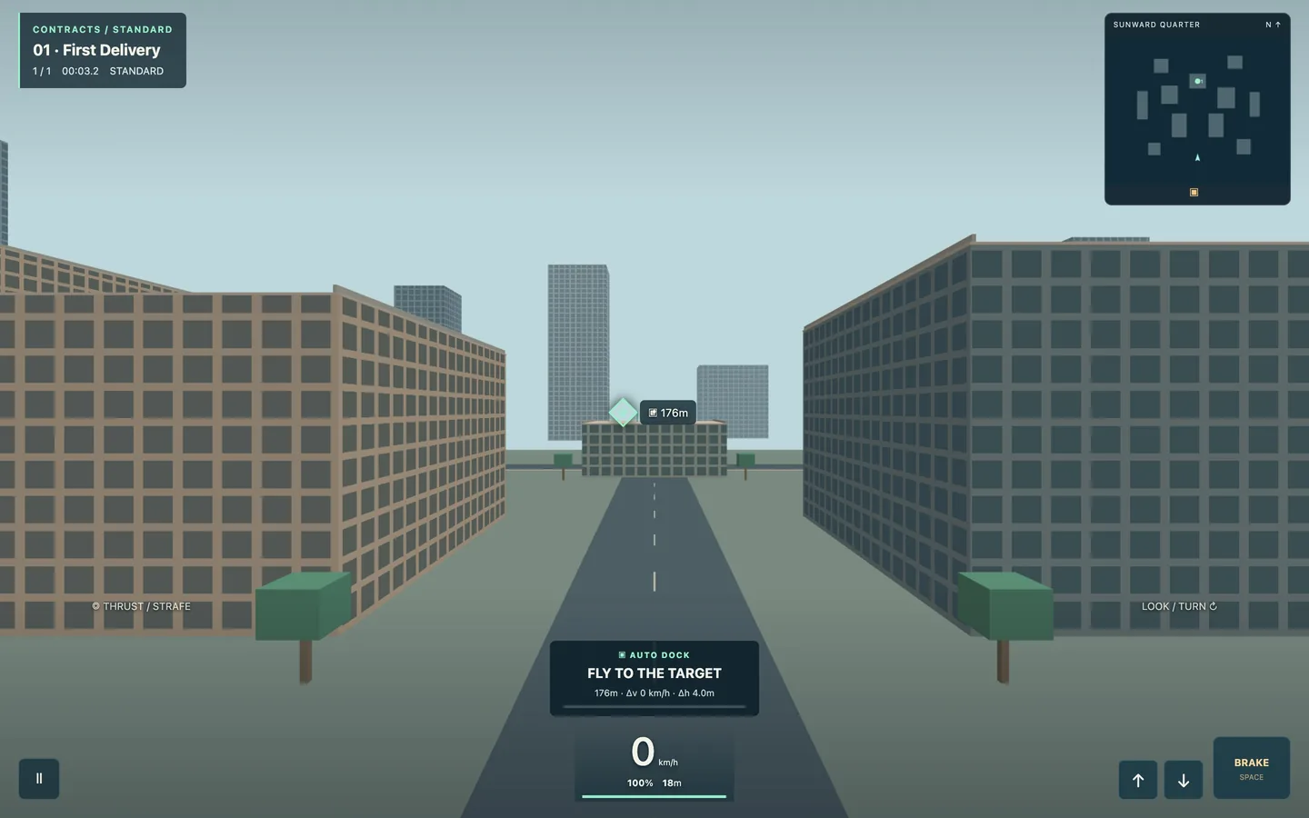 First-person flight on a desktop screen, with the contract panel, minimap, battery bar and speed readout