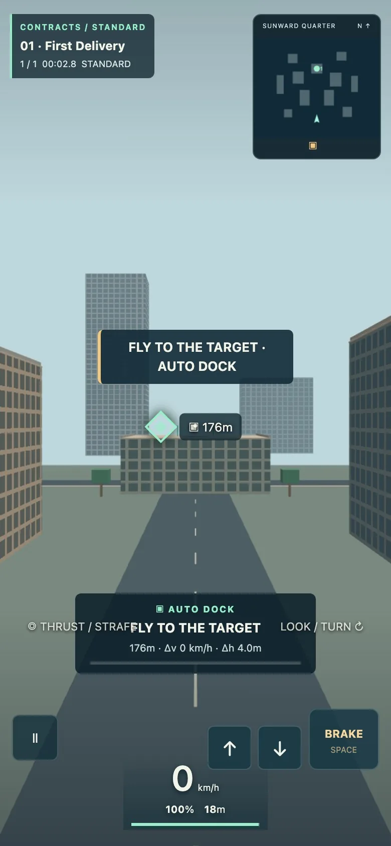 Drone Courier on a phone screen held sideways, with the touch stick and brake button