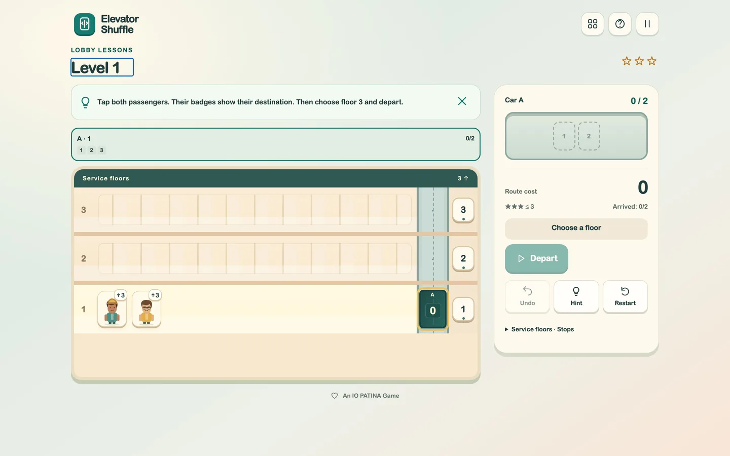 The building board on a desktop screen, showing both cars, the rider queue and the service strips
