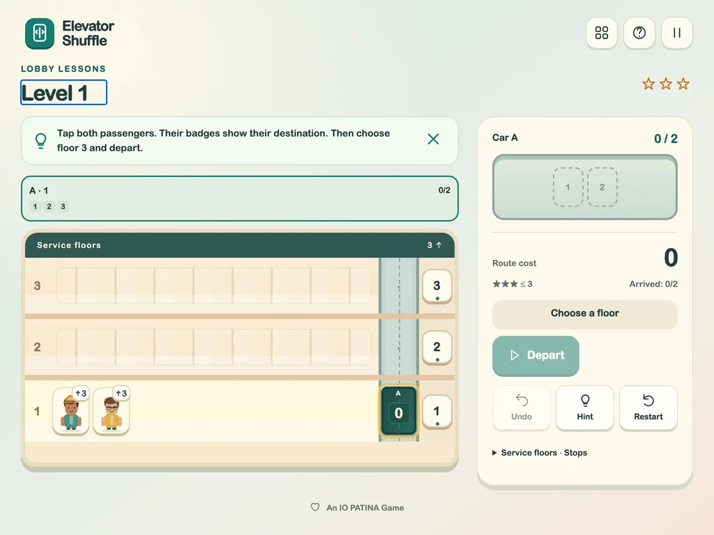 Elevator Shuffle on a tablet-width screen
