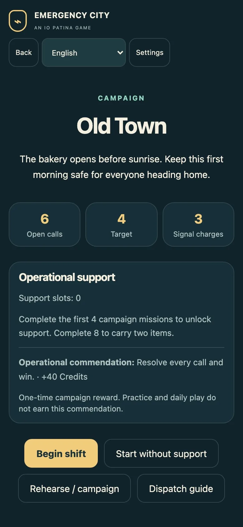 Emergency City on a phone screen, with the map and call list stacked in one column