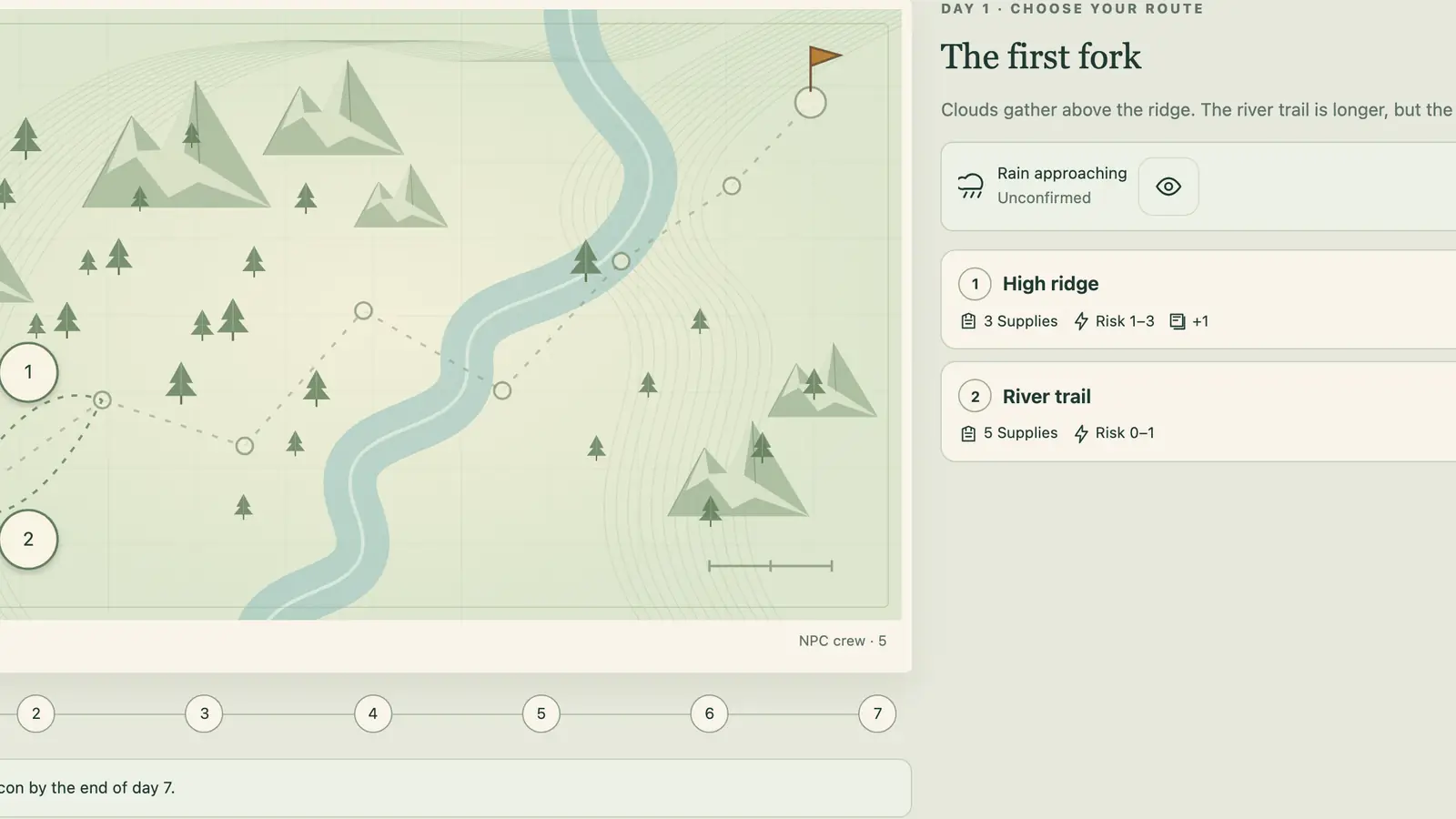 Expedition Board: dotted routes cross a pale mountain map with trees, a winding blue river and a flag.