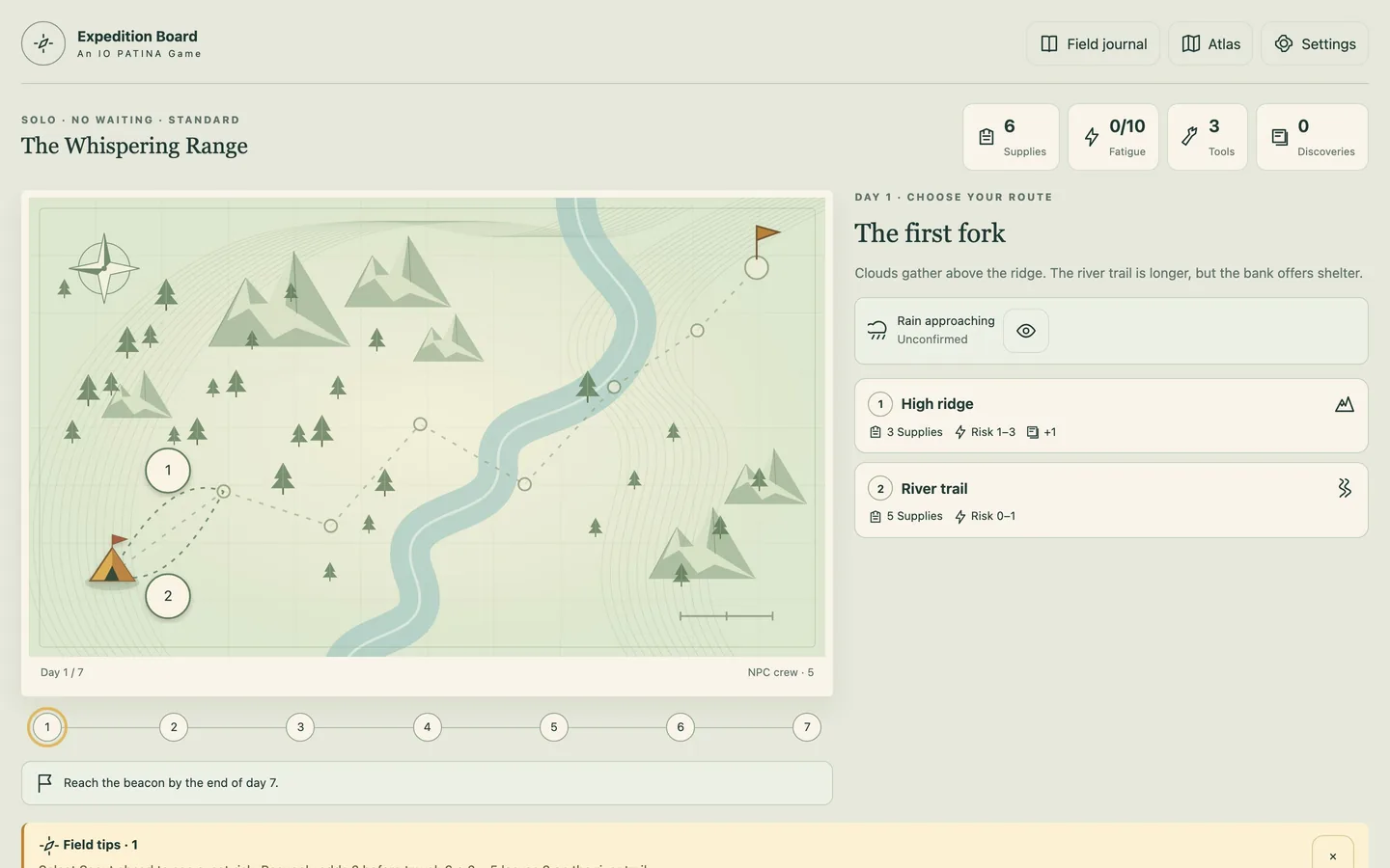 A day's planning on a desktop screen, with the route map, supply counters, route choices and five crew cards