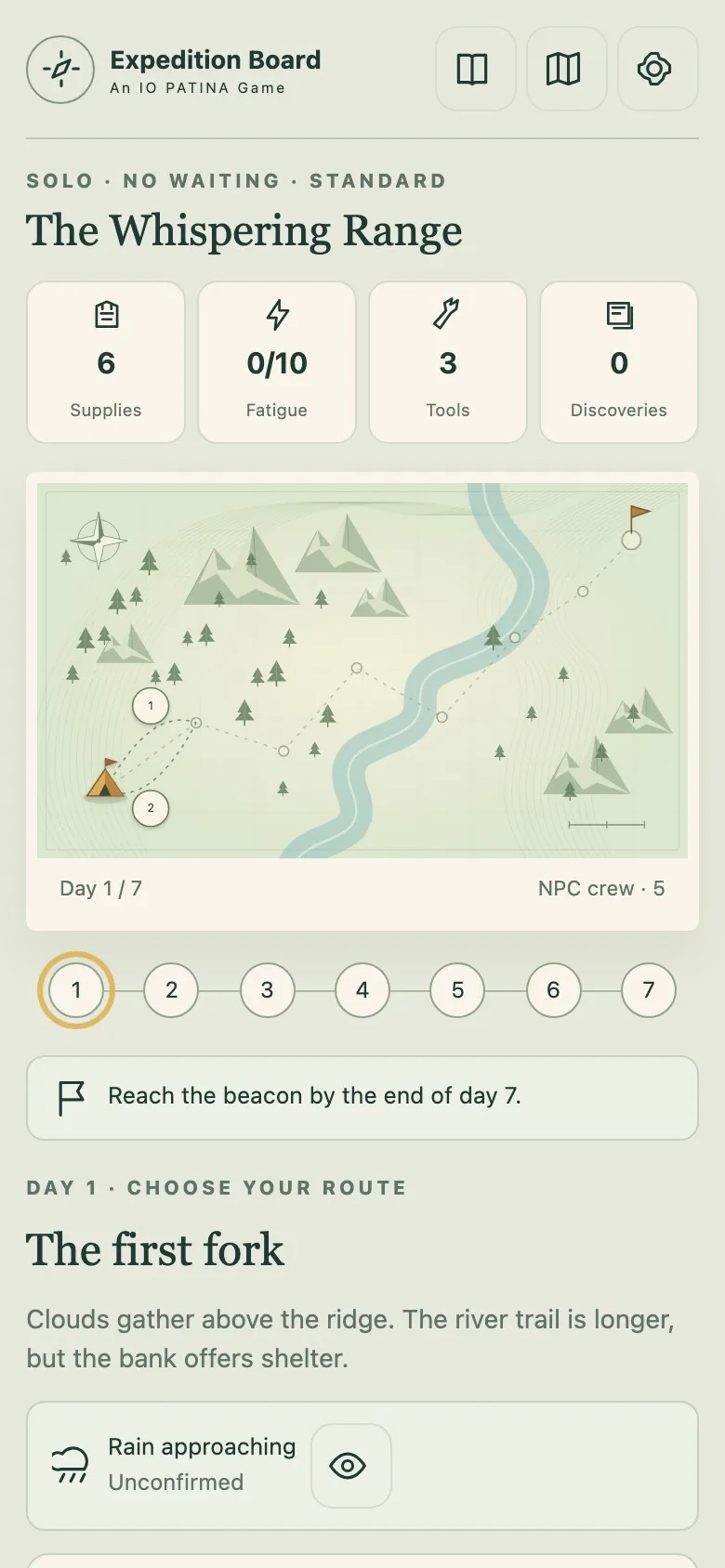 Expedition Board on a phone screen, with the map and crew orders stacked in one column