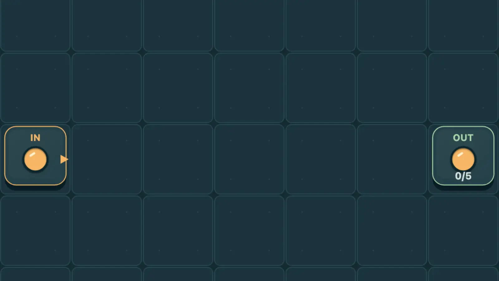 Factory Flow: an empty dark teal grid has orange circular parts at IN and OUT stations on opposite sides.