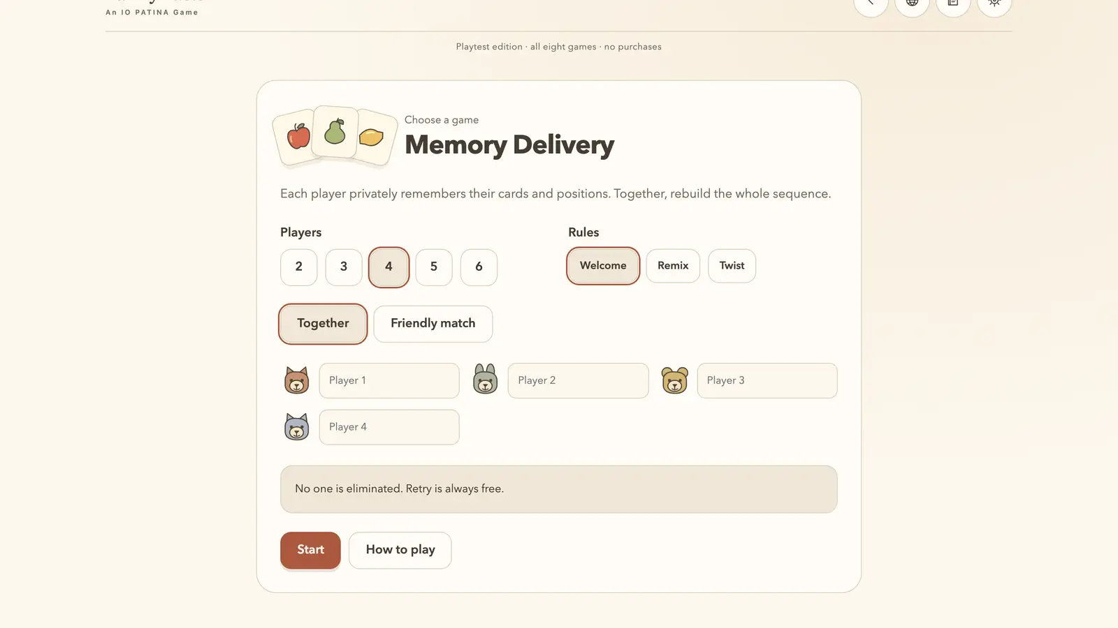 Family Table: fruit cards and four animal player icons on a cream Memory Delivery setup panel.