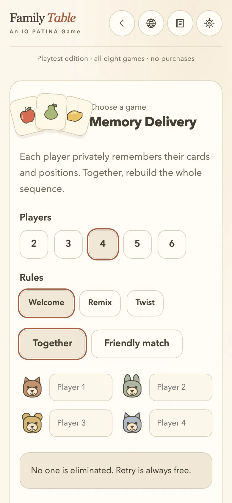 Family Table on a phone screen, with the game cards stacked in one column