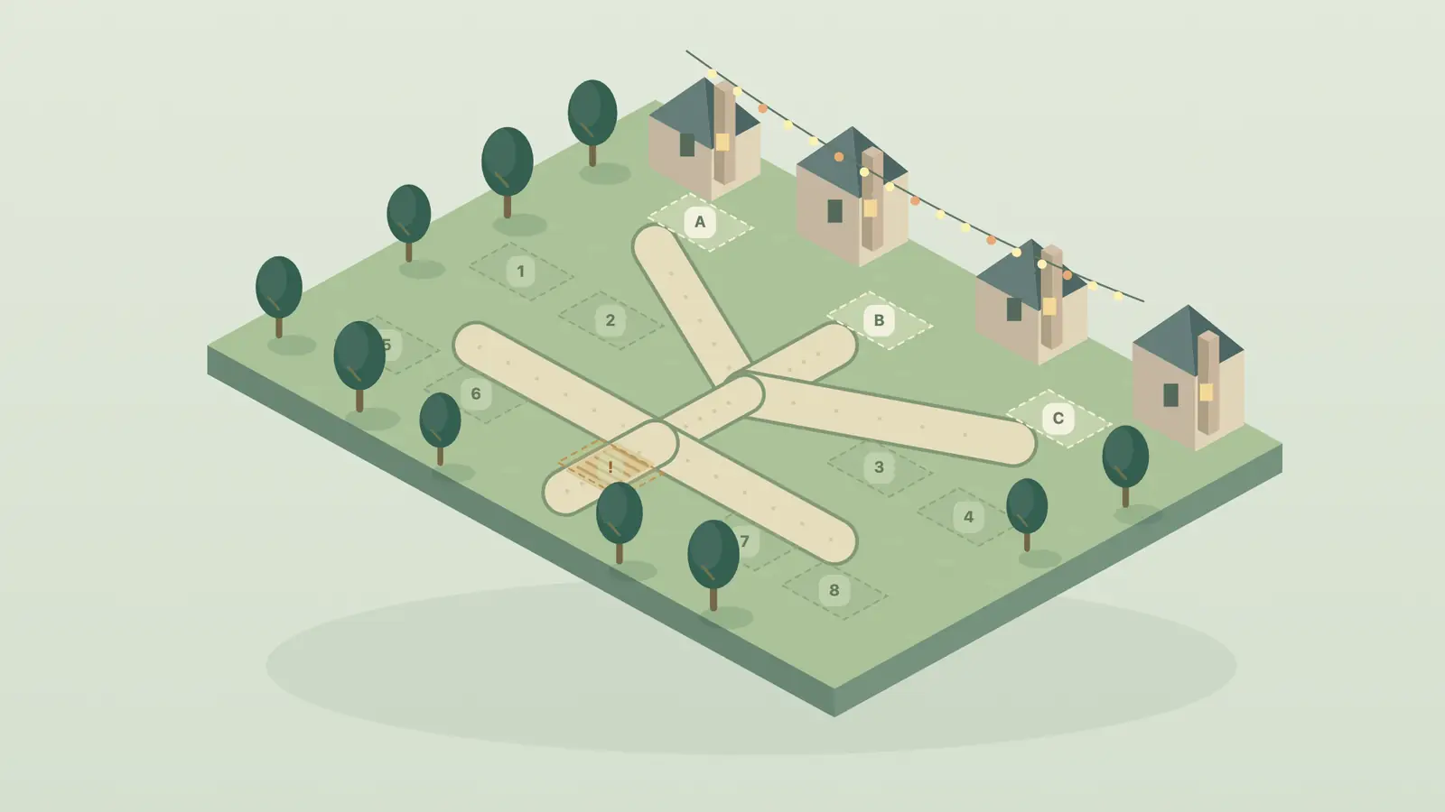 Festival Planner: crossing sandy paths and numbered plots on a green isometric lawn with trees, huts and string lights.