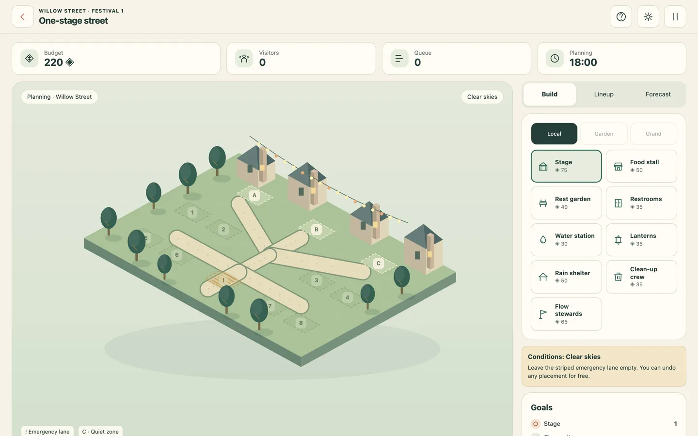 The festival map on a desktop screen, with the lineup panel, budget and forecast button