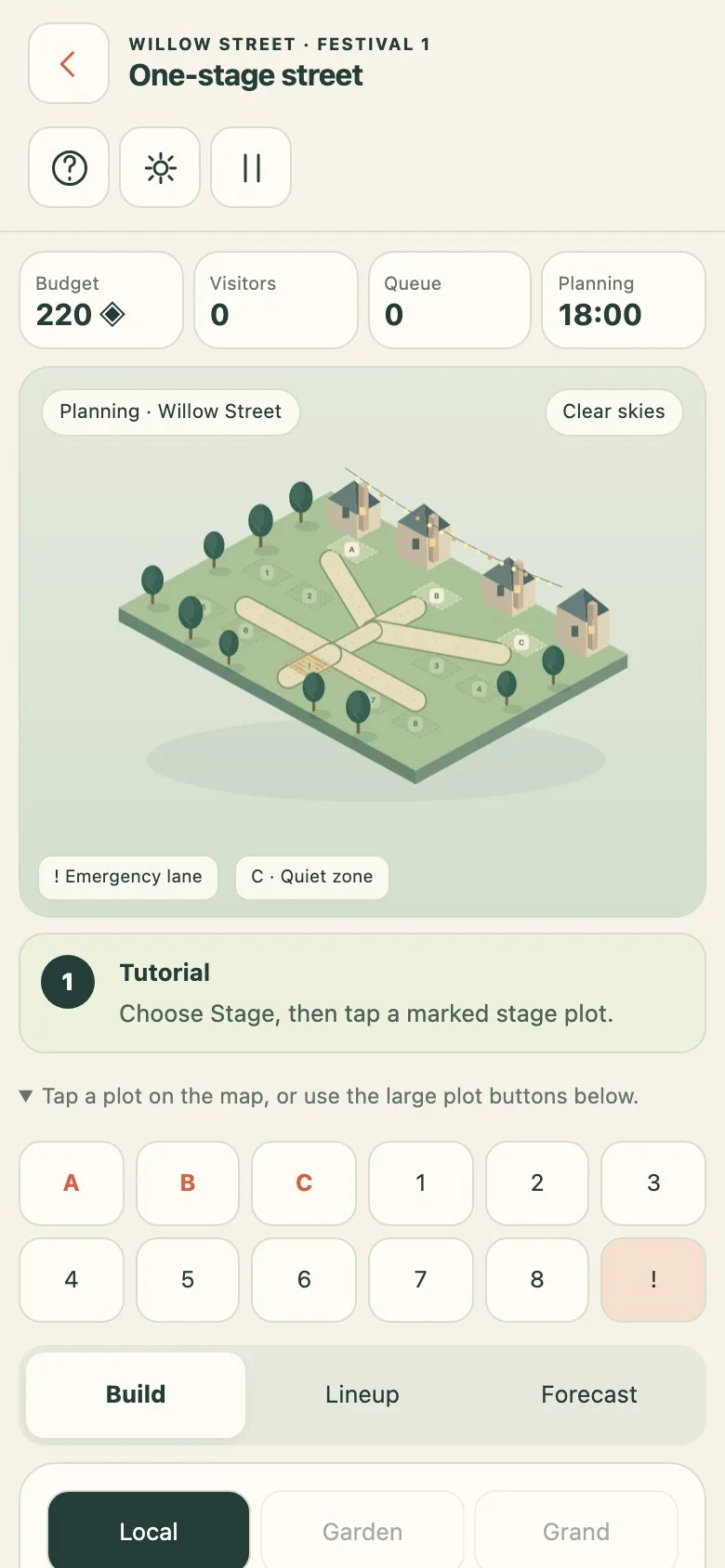 Festival Planner on a phone screen, with the large plot buttons under the map