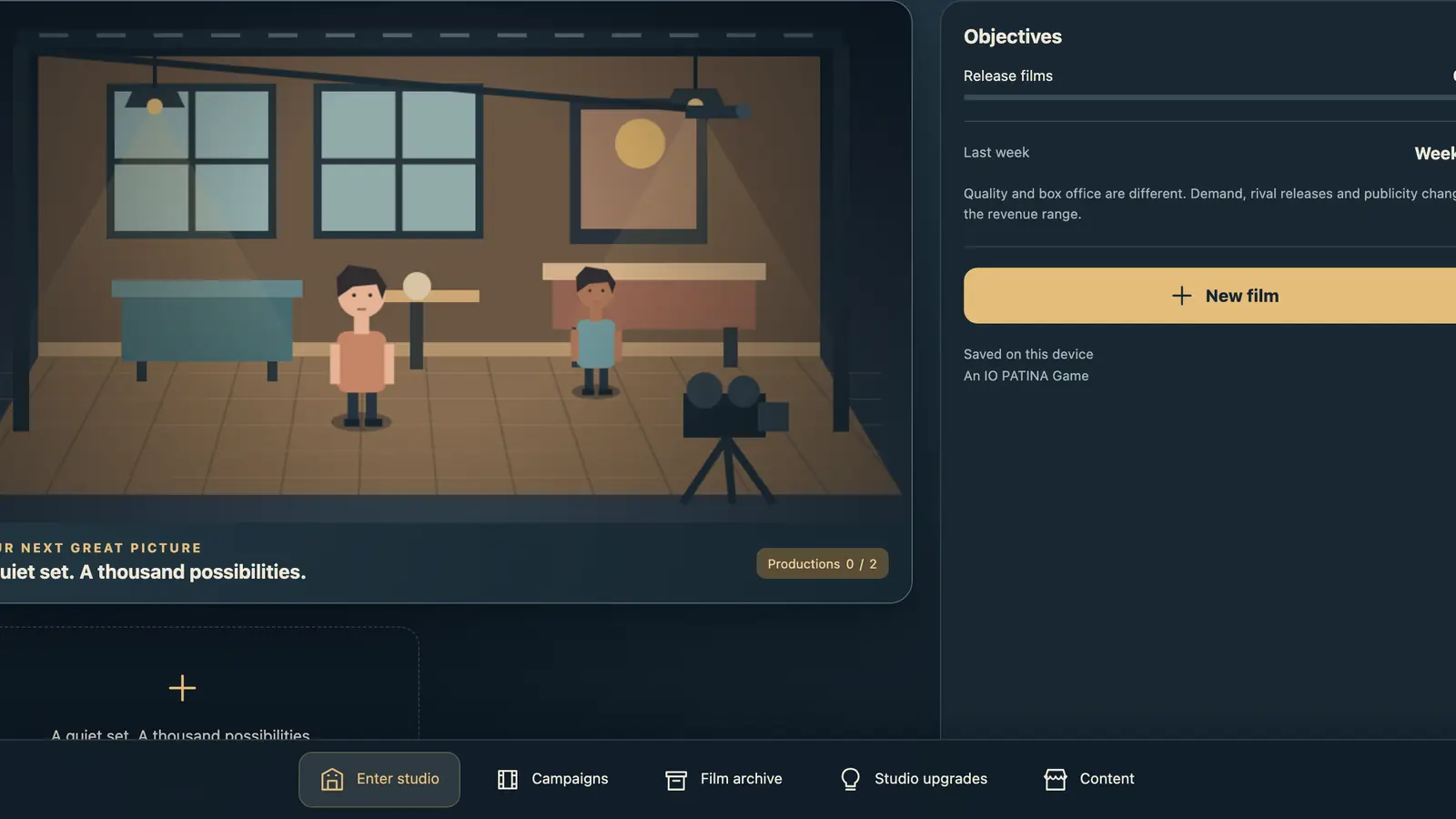 Film Studio Boss: two figures on a wooden film set with windows, hanging lamps, tables and a tripod camera.