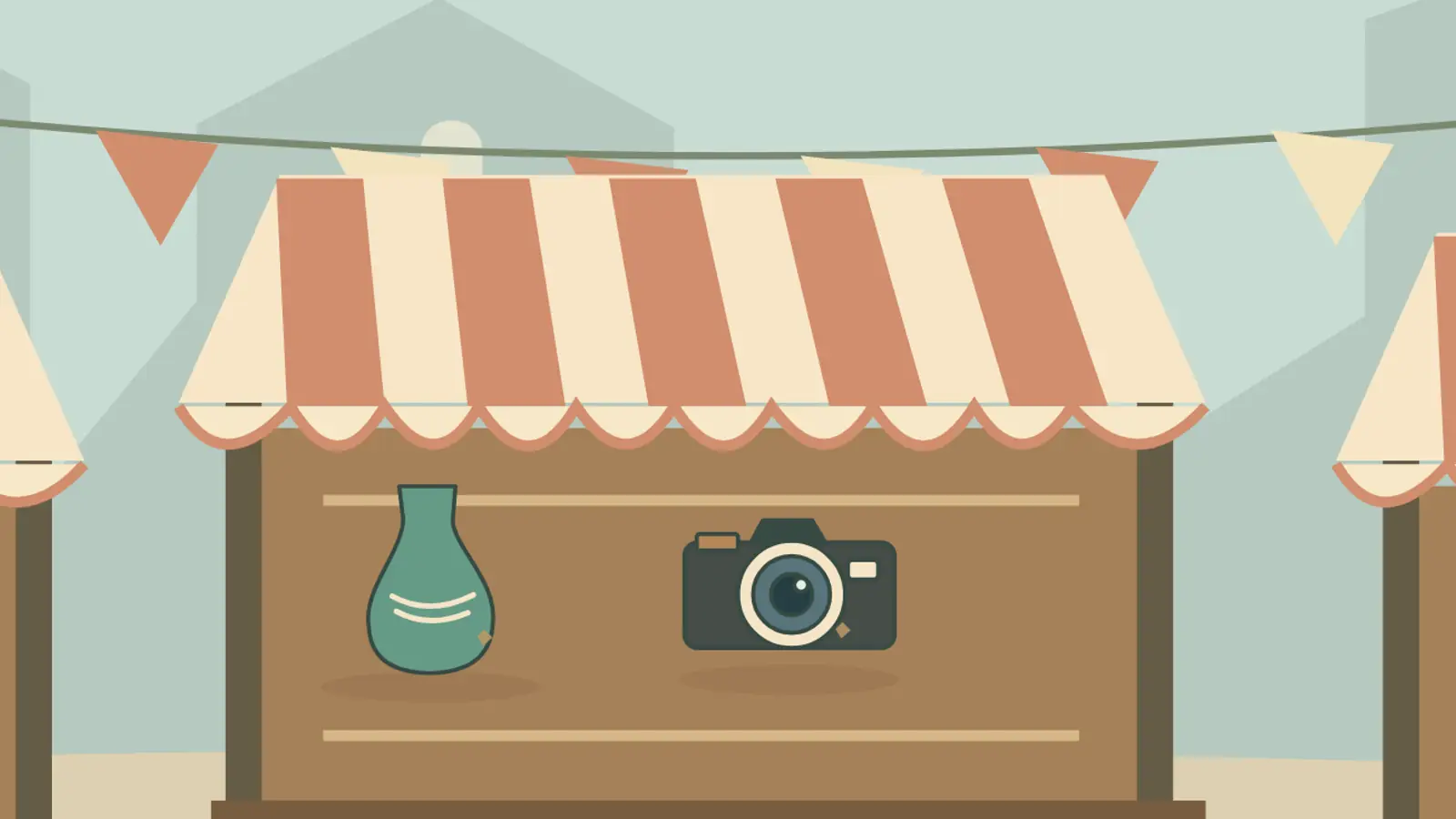 Flea Market Flip: a teal vase and a camera on wooden stall shelves beneath a coral and cream striped awning.