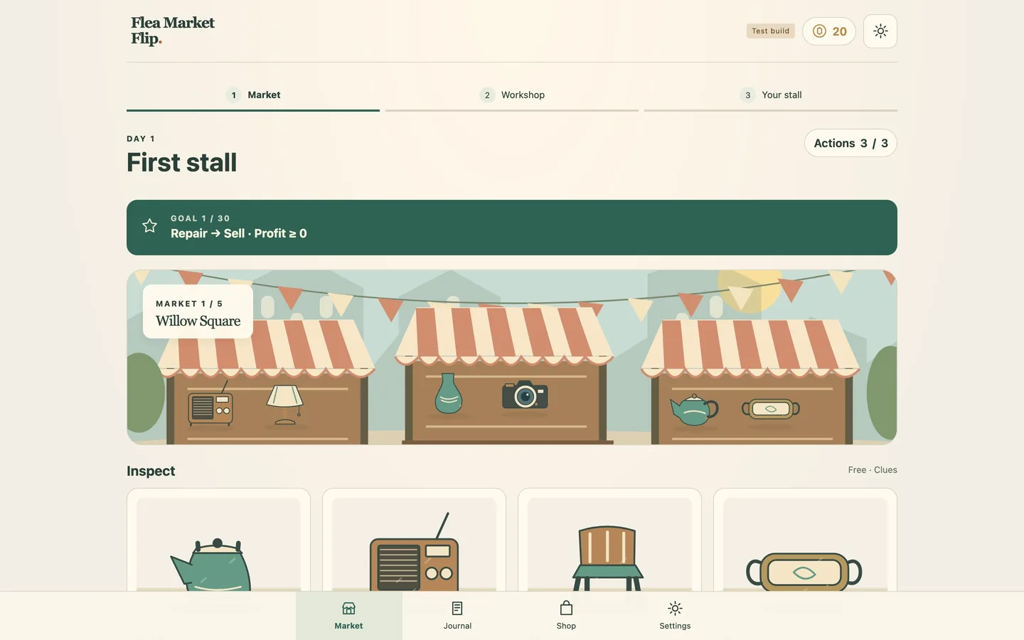 The market on a desktop screen, with the stall, the clue panel, cash and the day counter