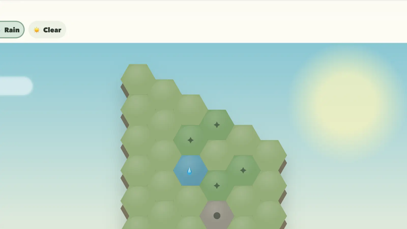 Floating Garden: green hexagonal tiles with a blue water tile and a gray tile beneath a bright sun in a pale blue sky.