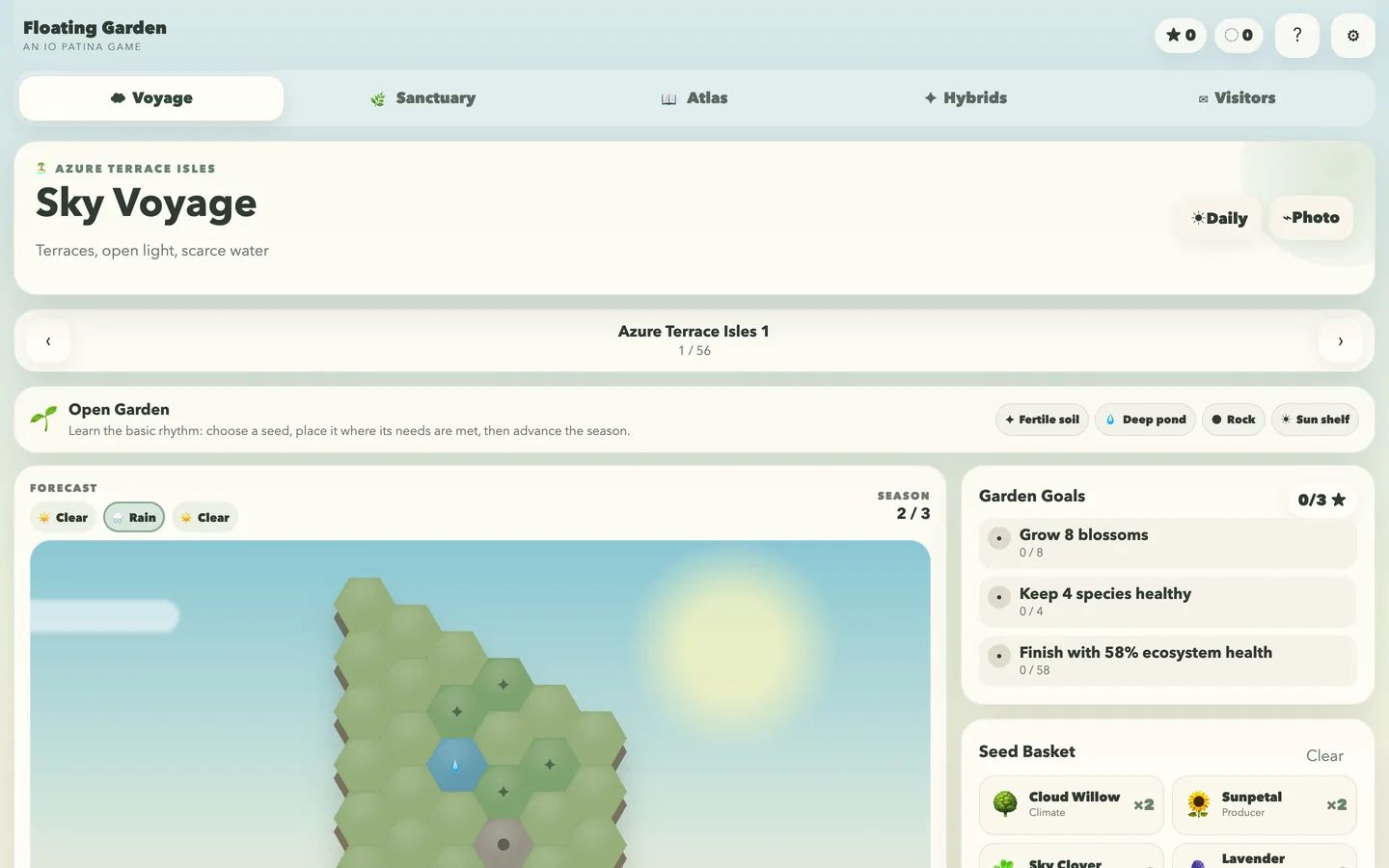 A voyage on a desktop screen, with the hex island, weather forecast, garden goals and seed basket