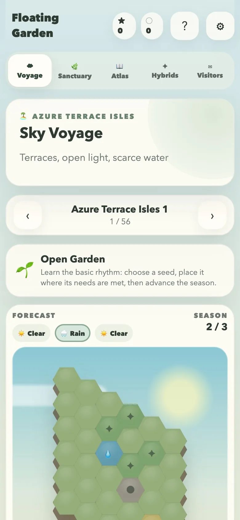 Floating Garden on a phone screen, with the island board and seed basket stacked in one column