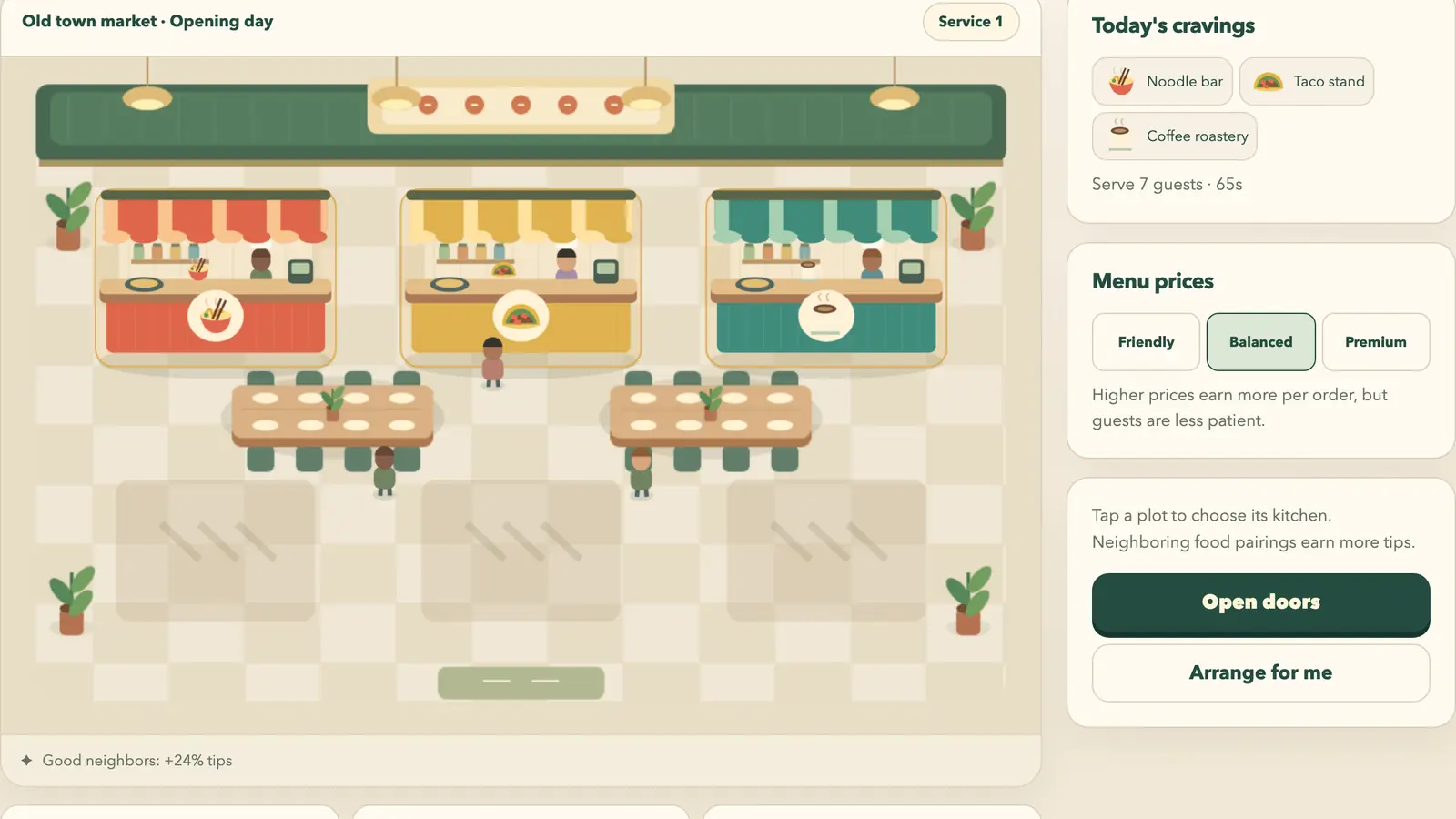 Food Hall Founder: three food stalls with striped awnings, guests and dining tables on a cream checkered floor.