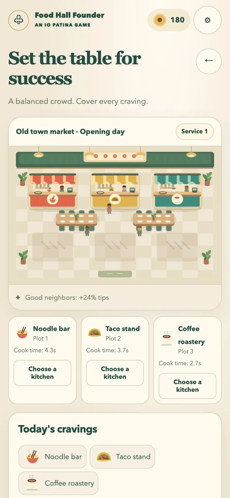 Food Hall Founder on a phone screen, with the waiting guests and the rush button above the hall