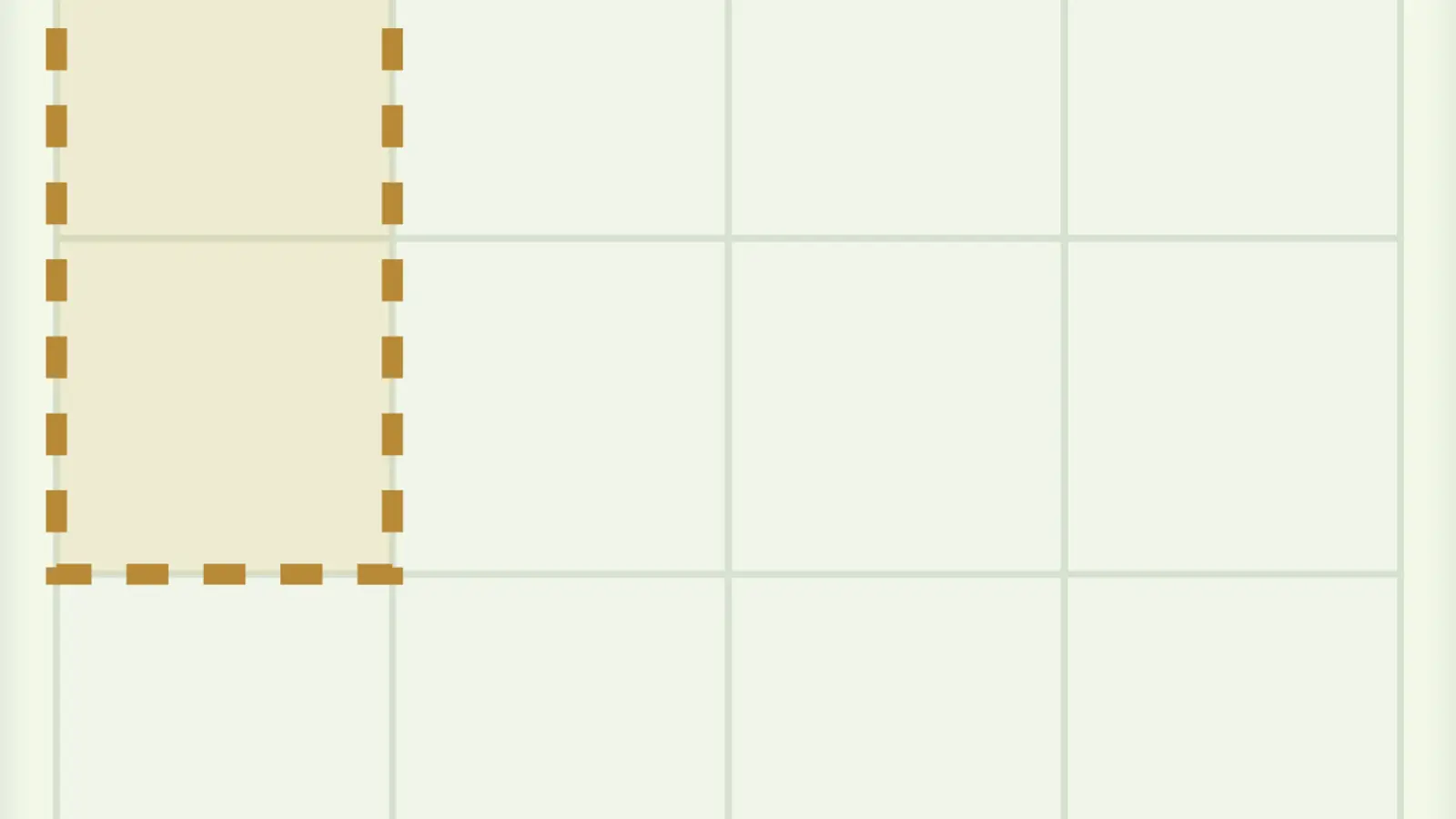 Fridge Fit: a gold dashed rectangular outline over the left side of a pale green square grid.