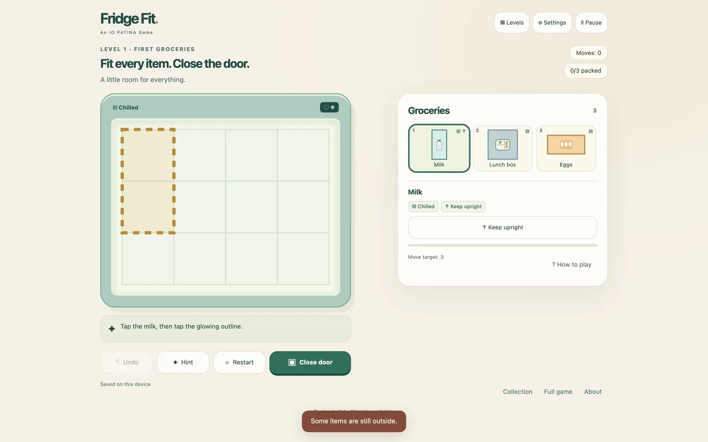 The fridge board on a desktop screen, showing the compartments, the door rack and the unplaced groceries