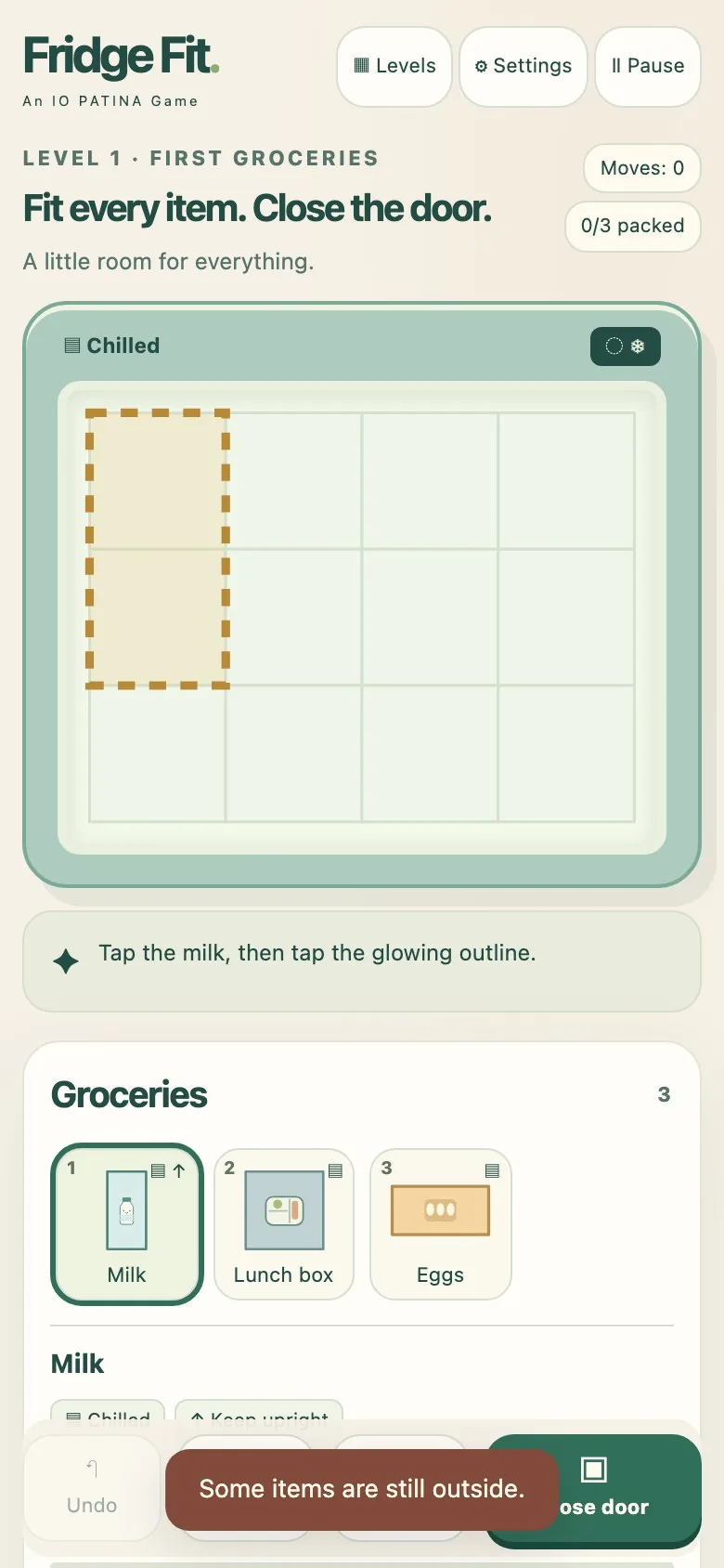 Fridge Fit on a phone screen, with the fridge and the grocery tray stacked in one column