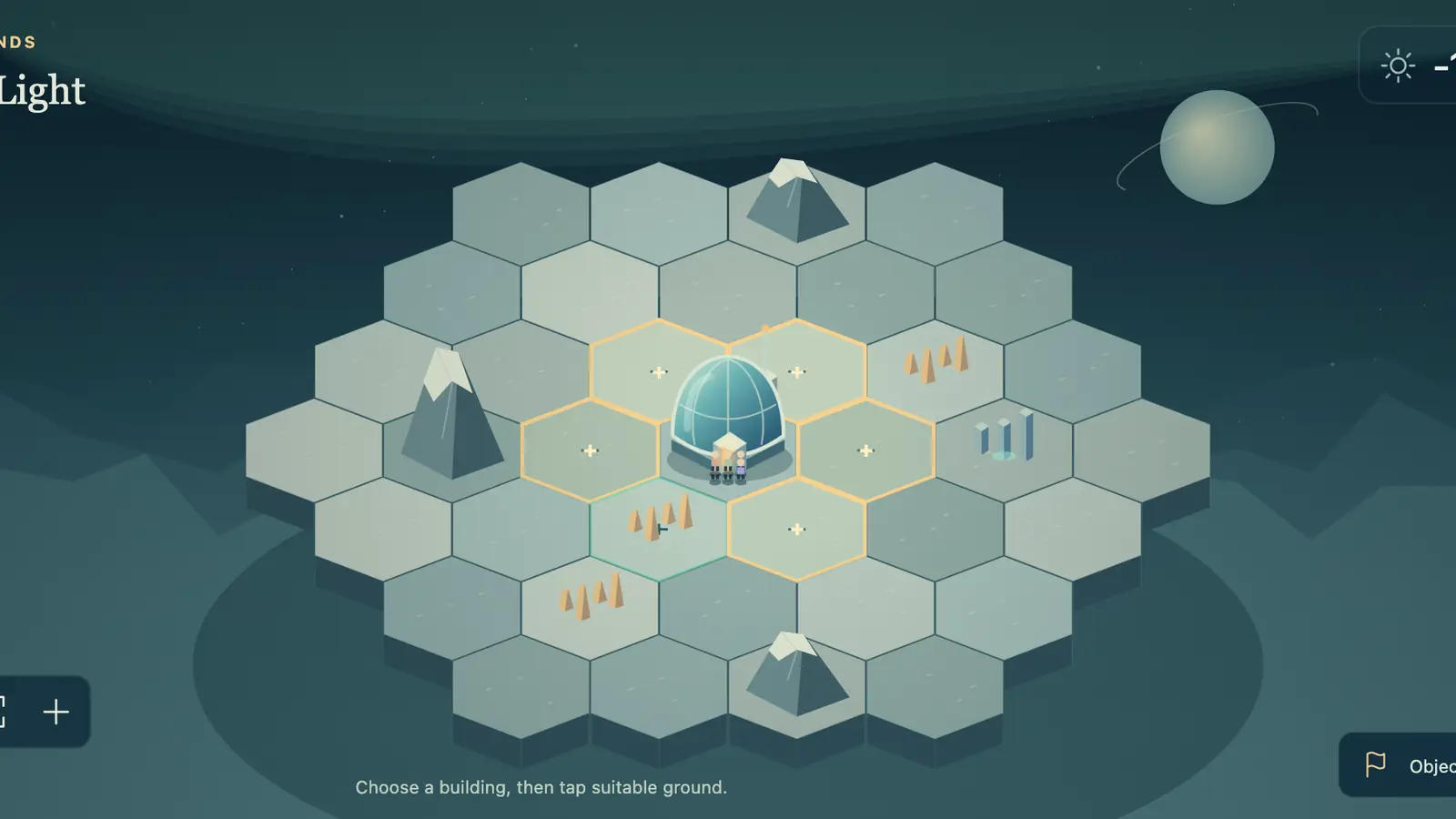Frontier Colony: a blue dome amid hexagonal tiles, mountains and crystal clusters against a dark teal sky.