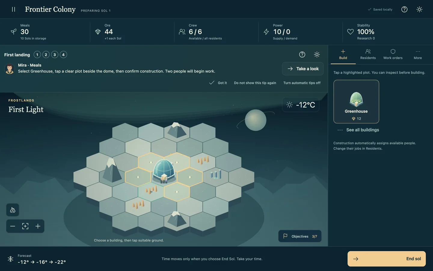 The colony map on a desktop screen, with the settlement's buildings on a frozen plateau