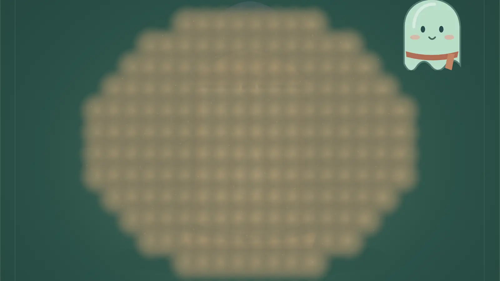Ghost Repair Shop: a blurred tan circular board on a dark green field, with a mint ghost wearing a red scarf.
