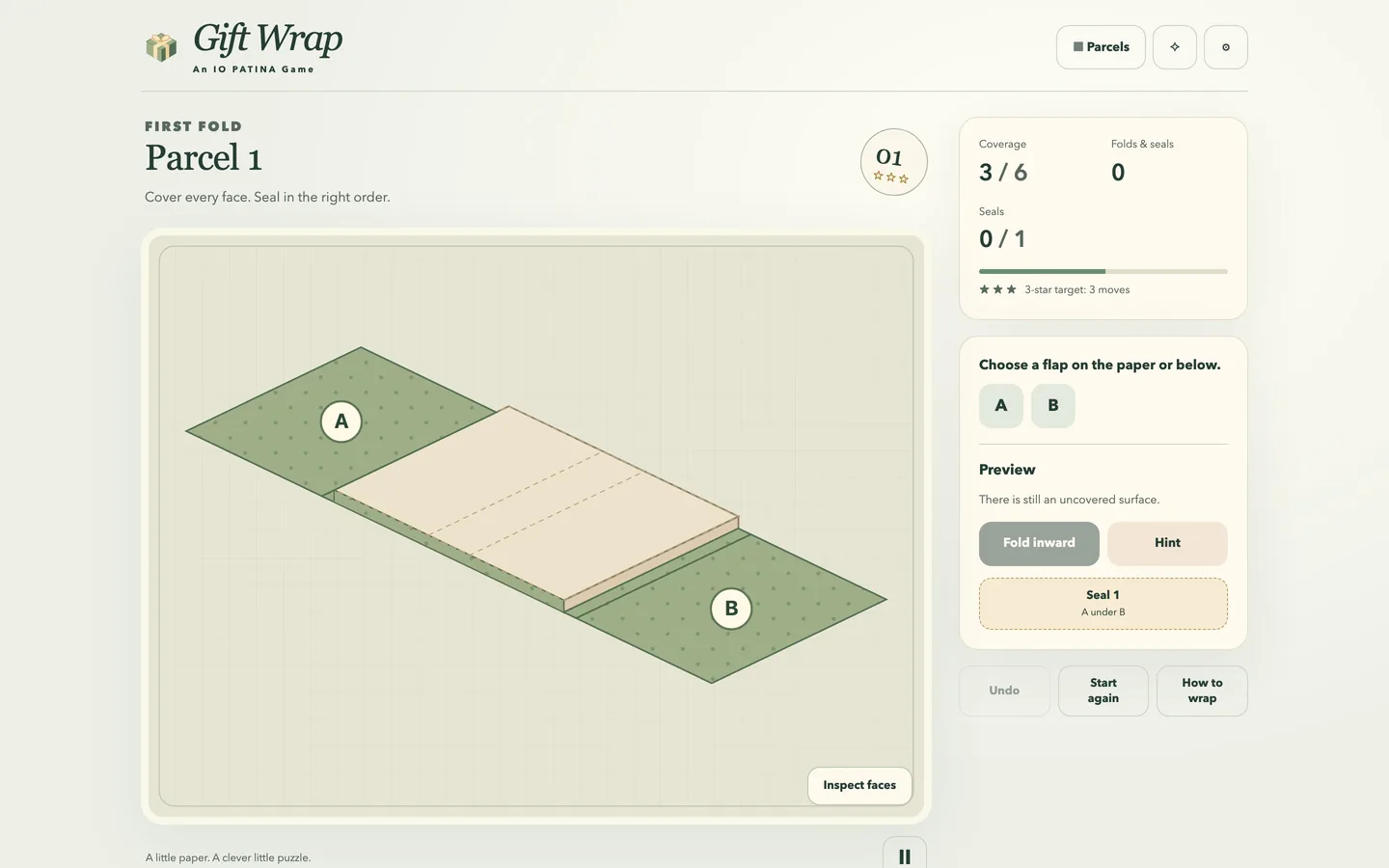 The first-level board on a desktop screen, showing a gift box beside its unfolded wrapping paper