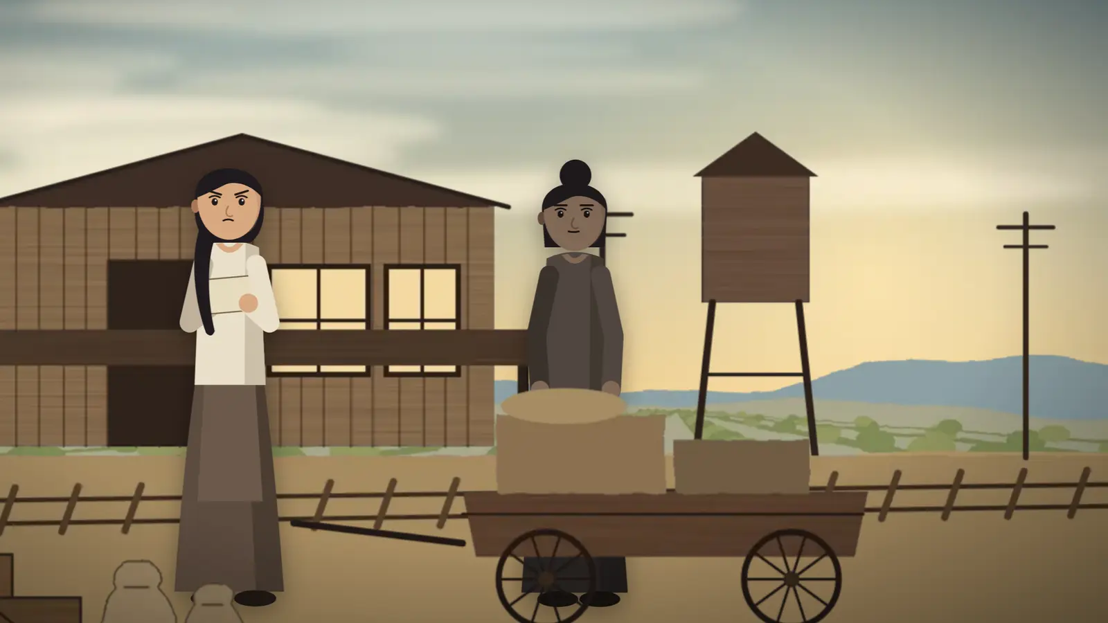 Game illustration of two women in long skirts standing beside a cart loaded with grain sacks, in front of a wooden warehouse and a water tower at a rural freight depot at dusk.