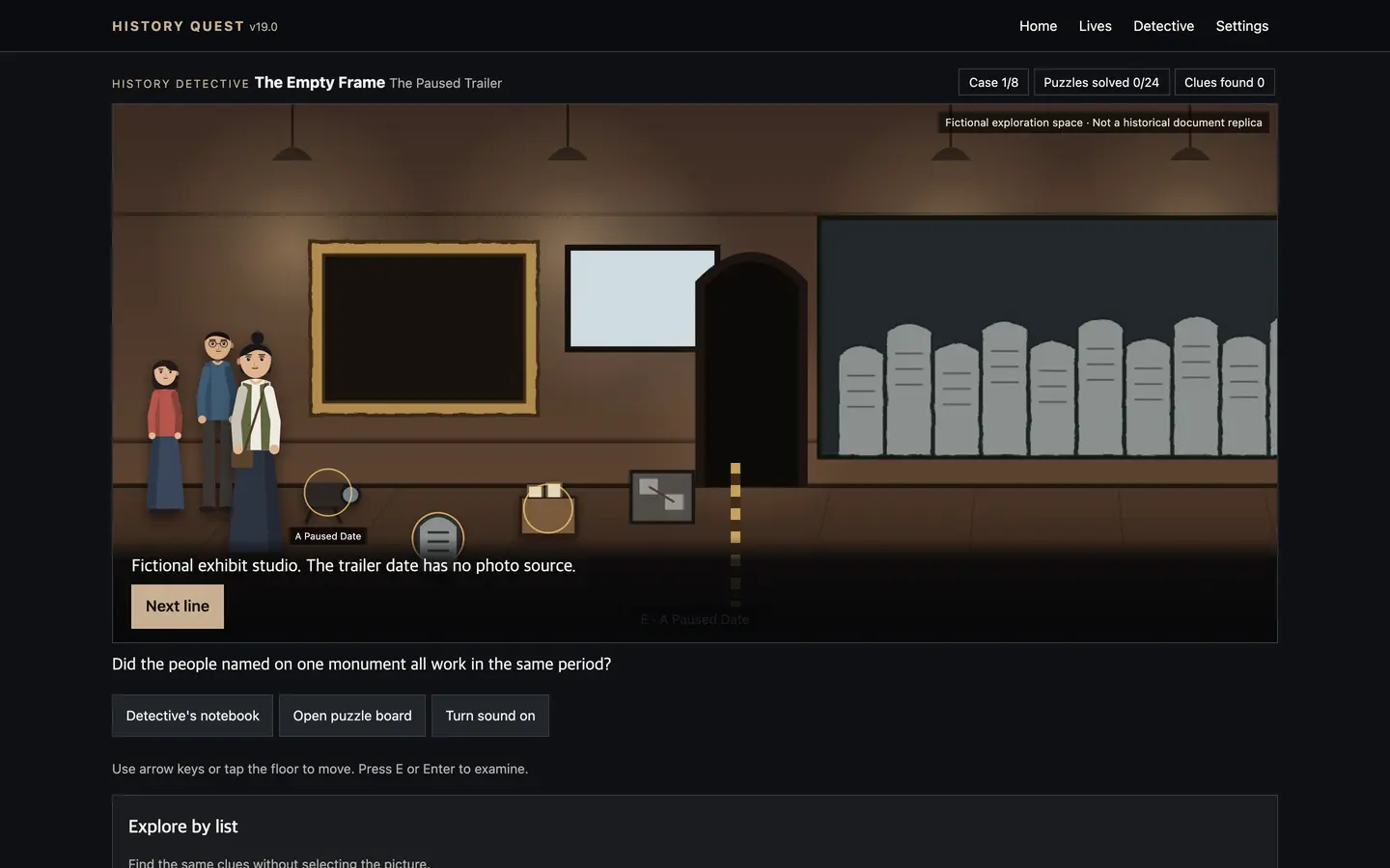 An investigation scene in History Detective for examining a space and comparing records.