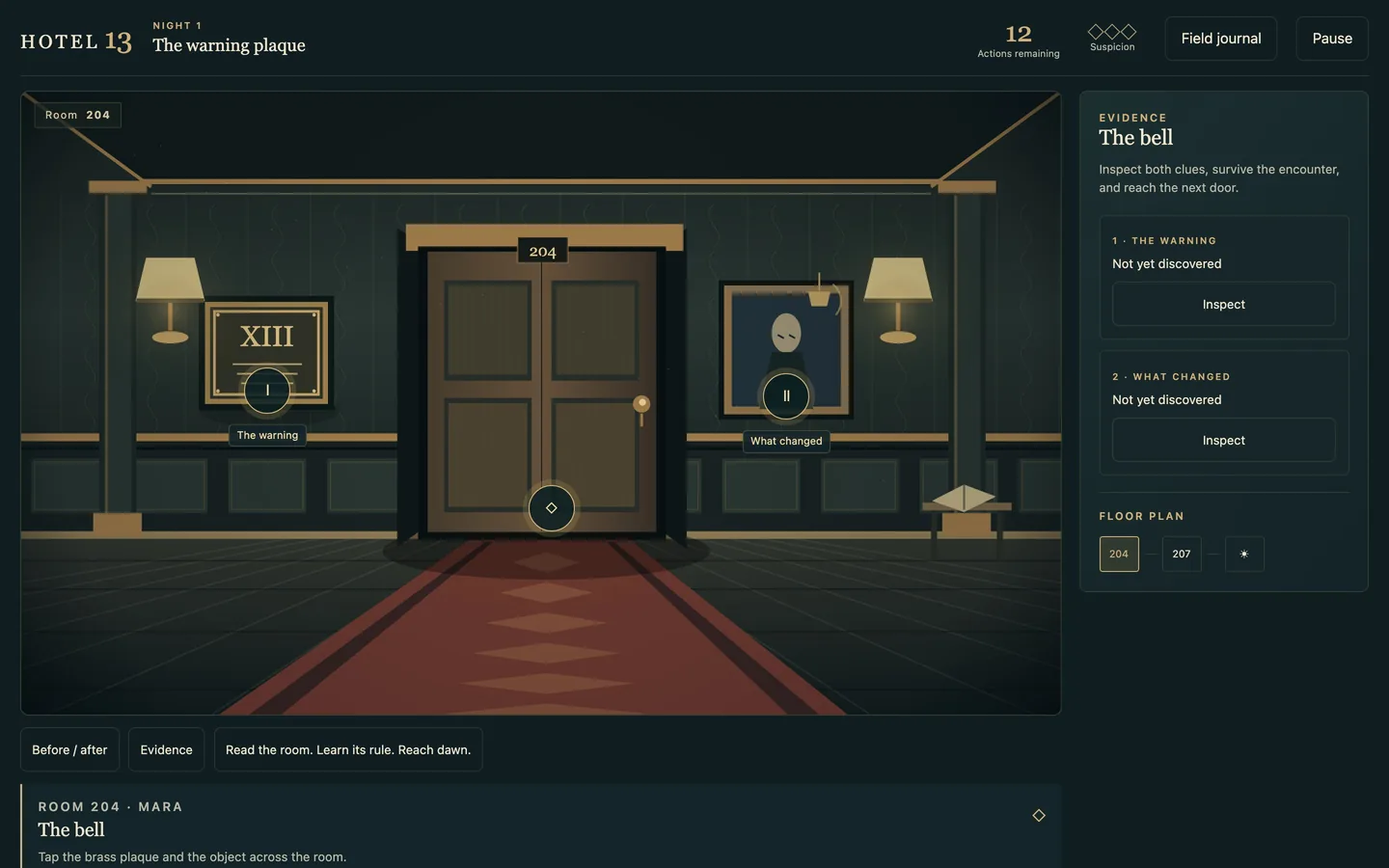 A hotel room on a desktop screen, with clue markers in the scene and the clue panel, remaining actions and suspicion meter alongside