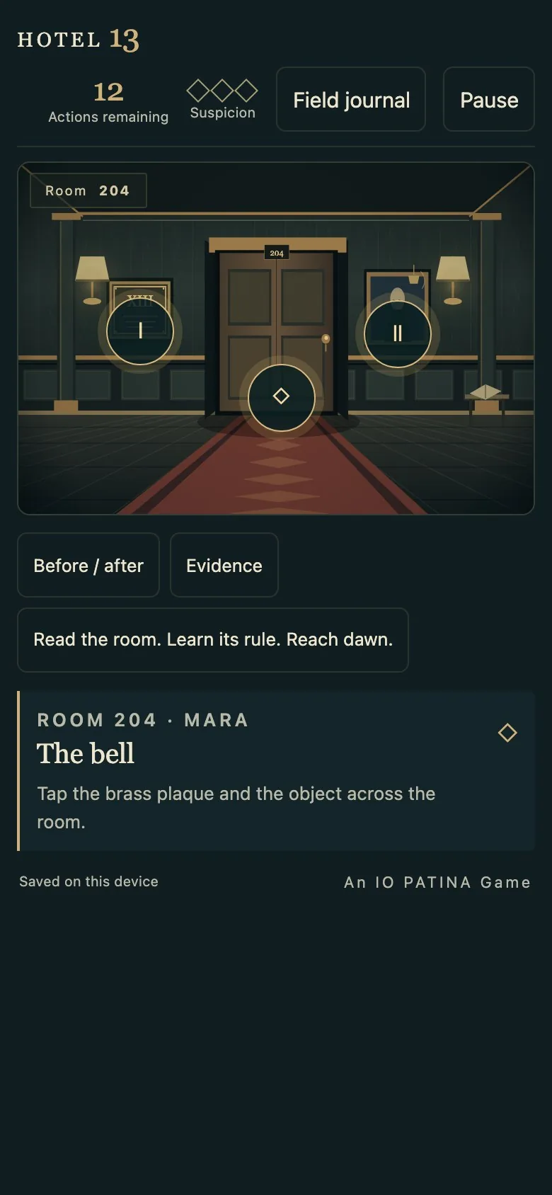 Hotel 13 on a phone screen, with the room scene and the clue cards stacked in one column