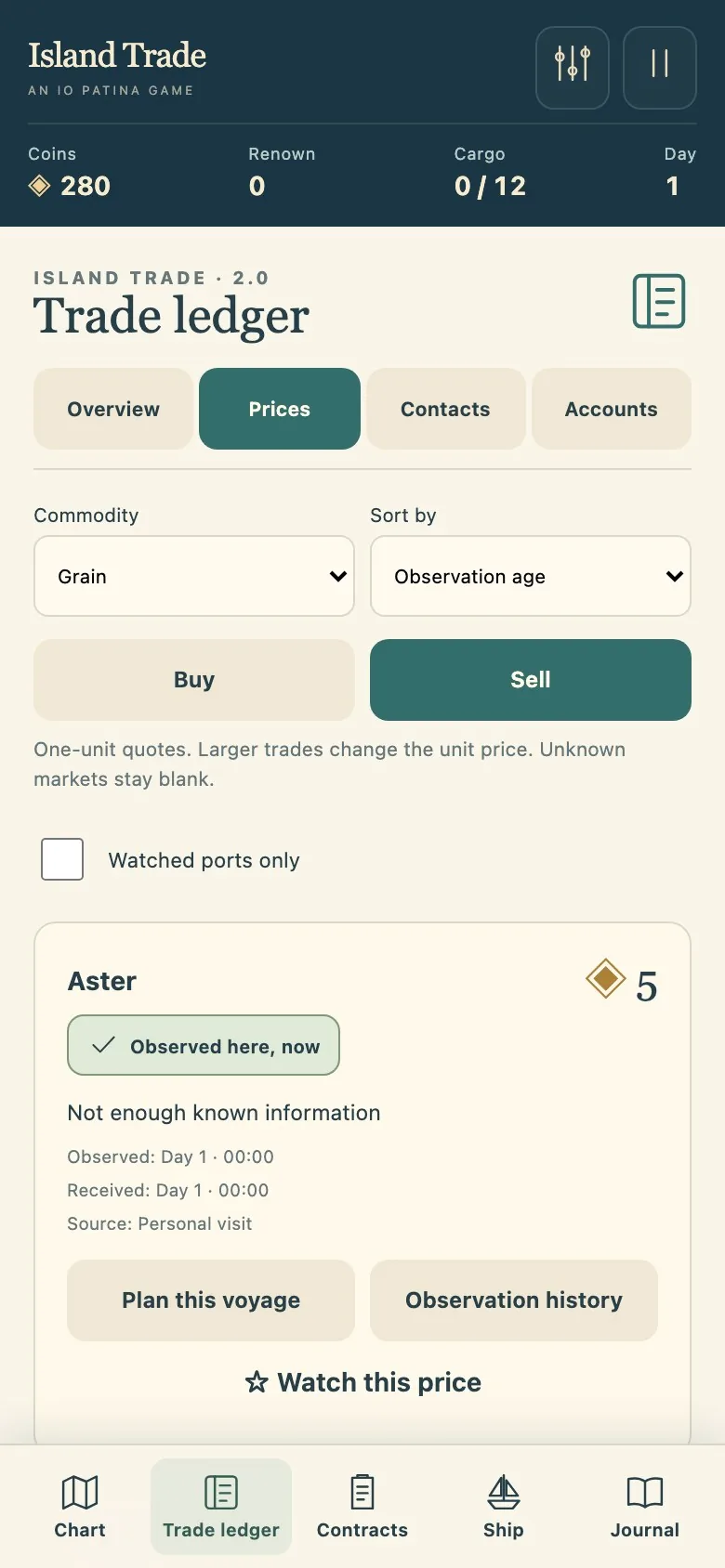 Island Trade on a phone screen, with the sea chart above the port panel