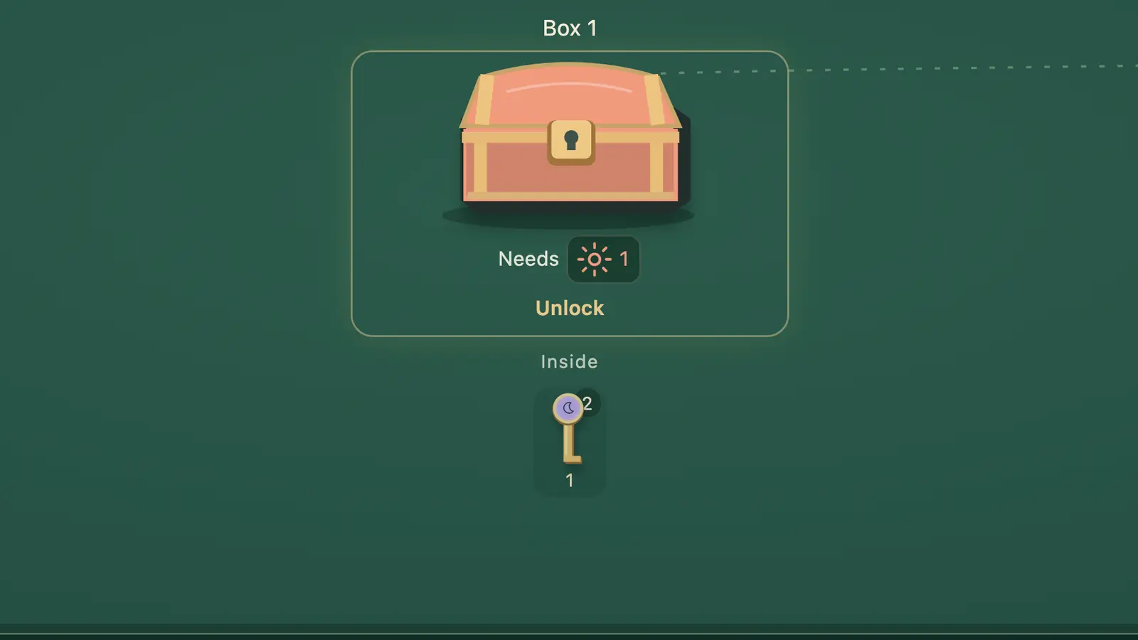 Keyring Logic: a coral chest with a gold lock sits above a gold key with a purple head on a dark green field