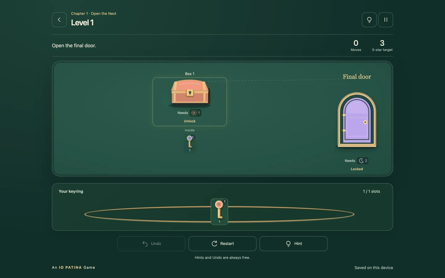 The first-level board on a desktop screen, showing boxes with key requirements and contents, a key ring and the final door
