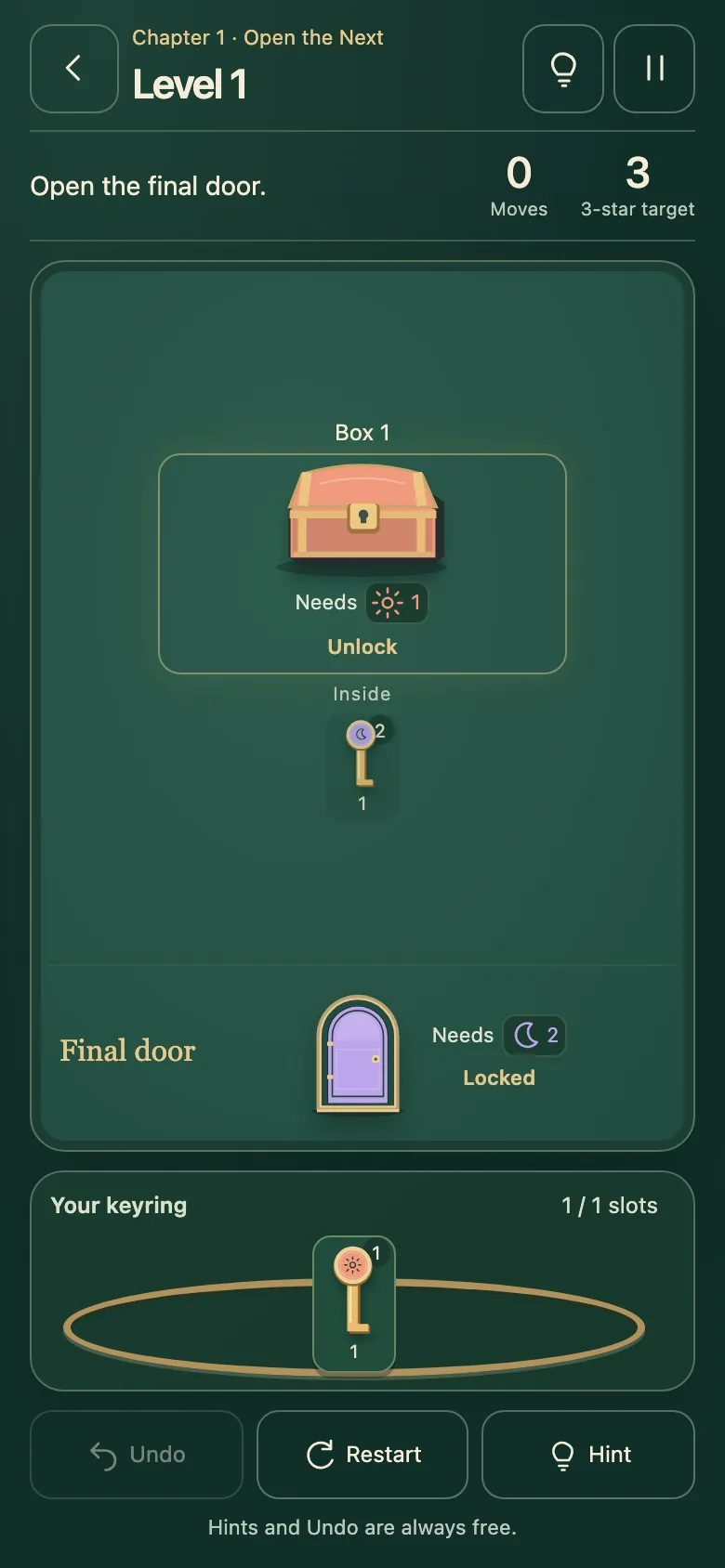 Keyring Logic on a phone screen, with the board and controls stacked in one column