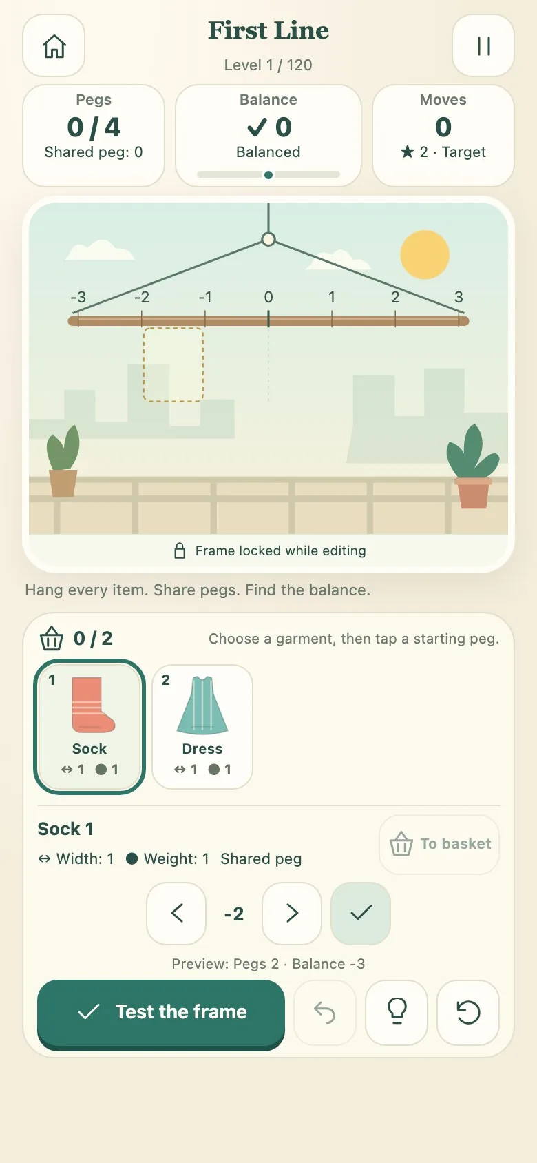 Laundry Line Logic on a phone screen, with the board and controls stacked in one column