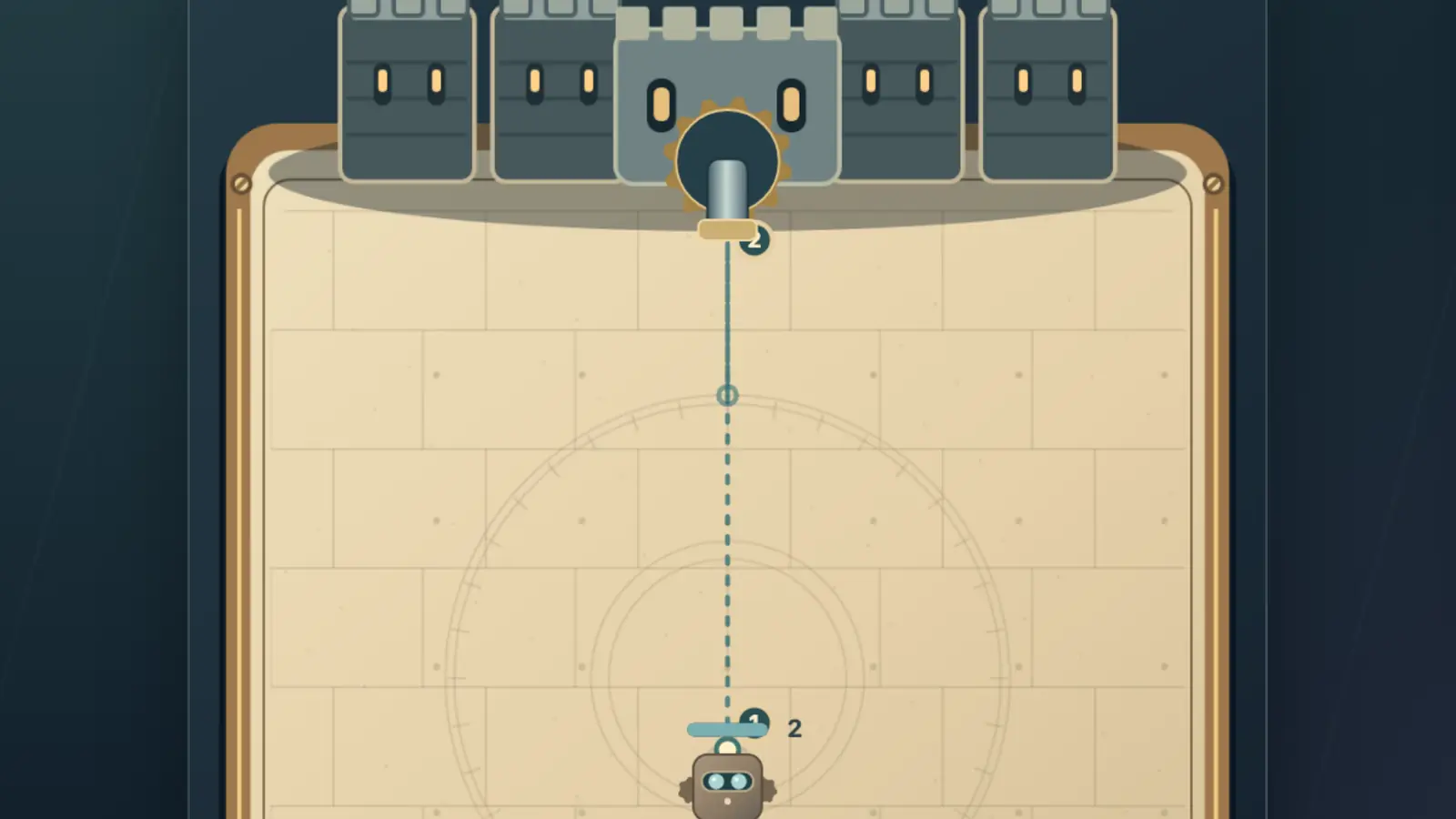 Marble Bastion: a cannon in a grey fortress faces a paddle across a pale stone board with a dotted vertical line